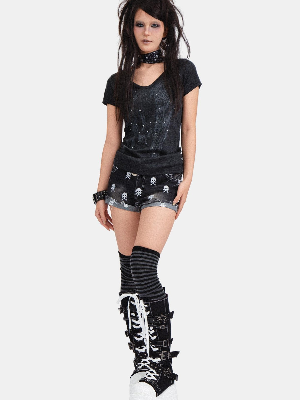 RebelSeed Skull Demon Star Print Hot Stamp Slim Fit Women's Cotton Short Sleeve T-shirts
