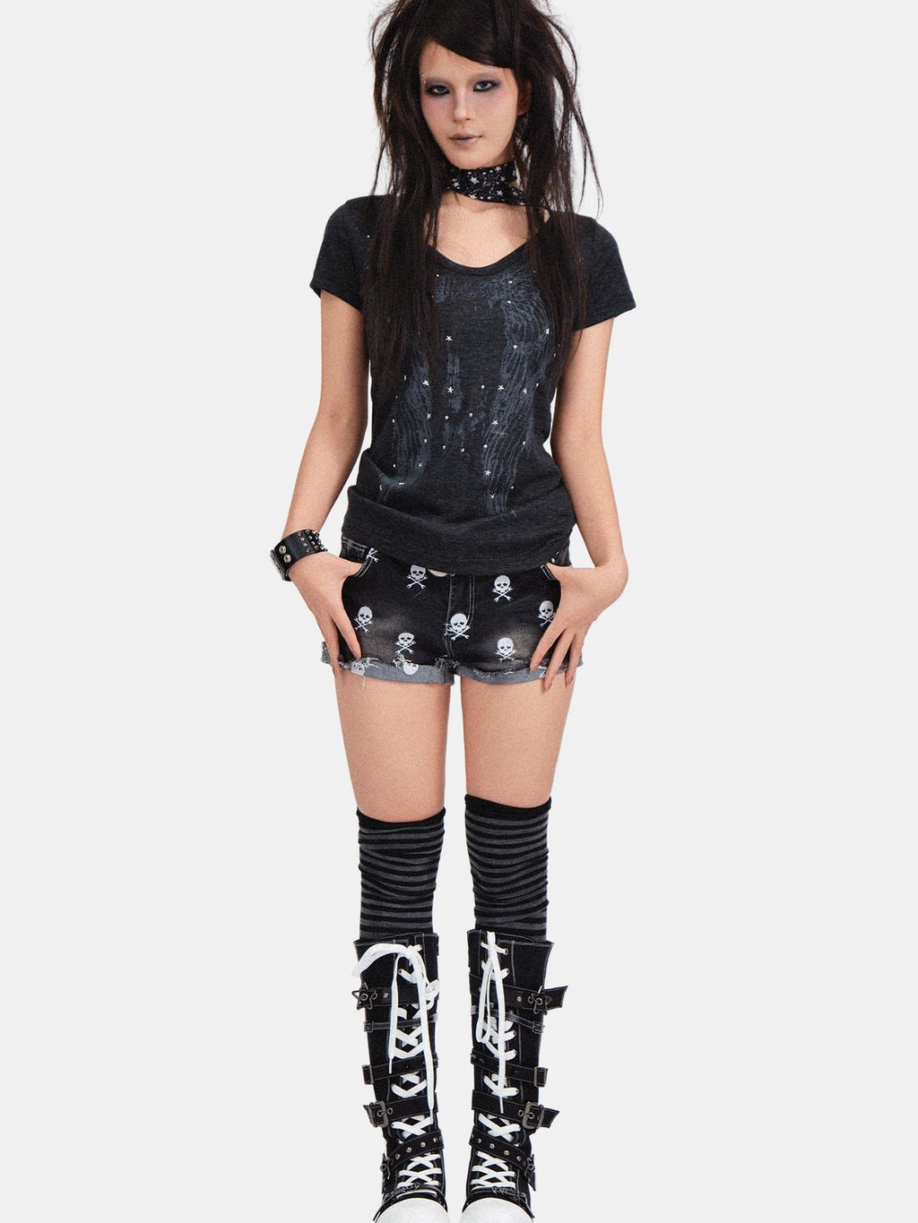 RebelSeed Skull Demon Star Print Hot Stamp Slim Fit Women's Cotton Short Sleeve T-shirts