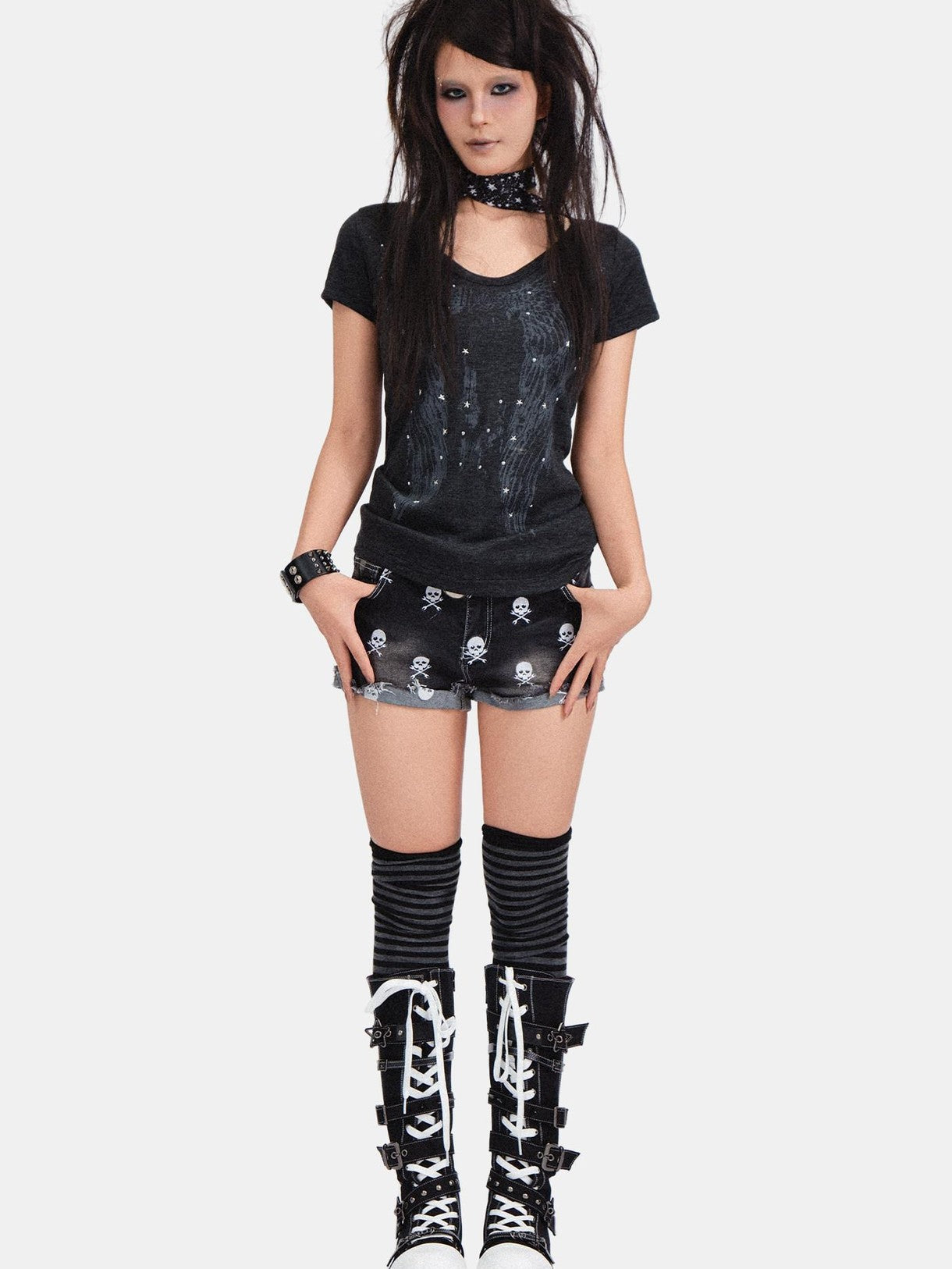 RebelSeed Skull Demon Star Print Hot Stamp Slim Fit Women's Cotton Short Sleeve T-shirts