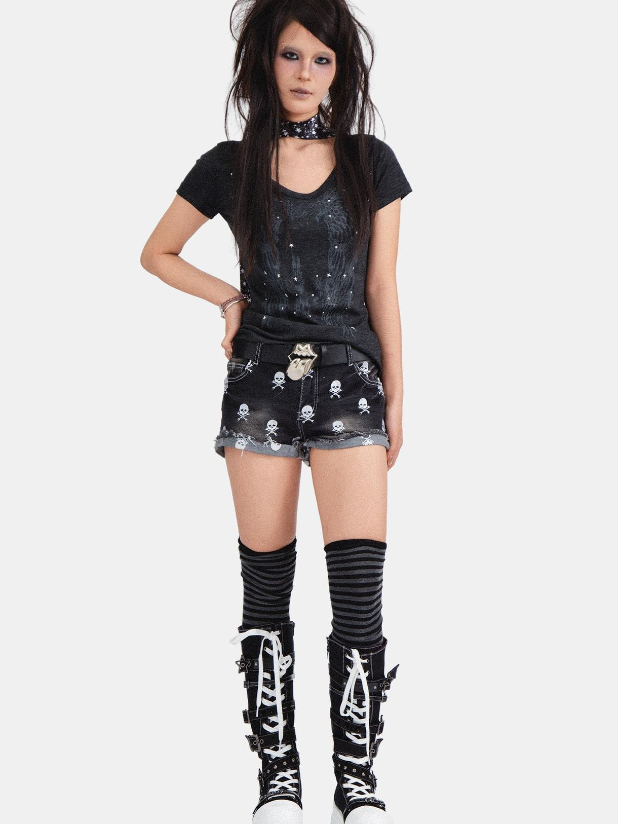 RebelSeed Skull Demon Star Print Hot Stamp Slim Fit Women's Cotton Short Sleeve T-shirts