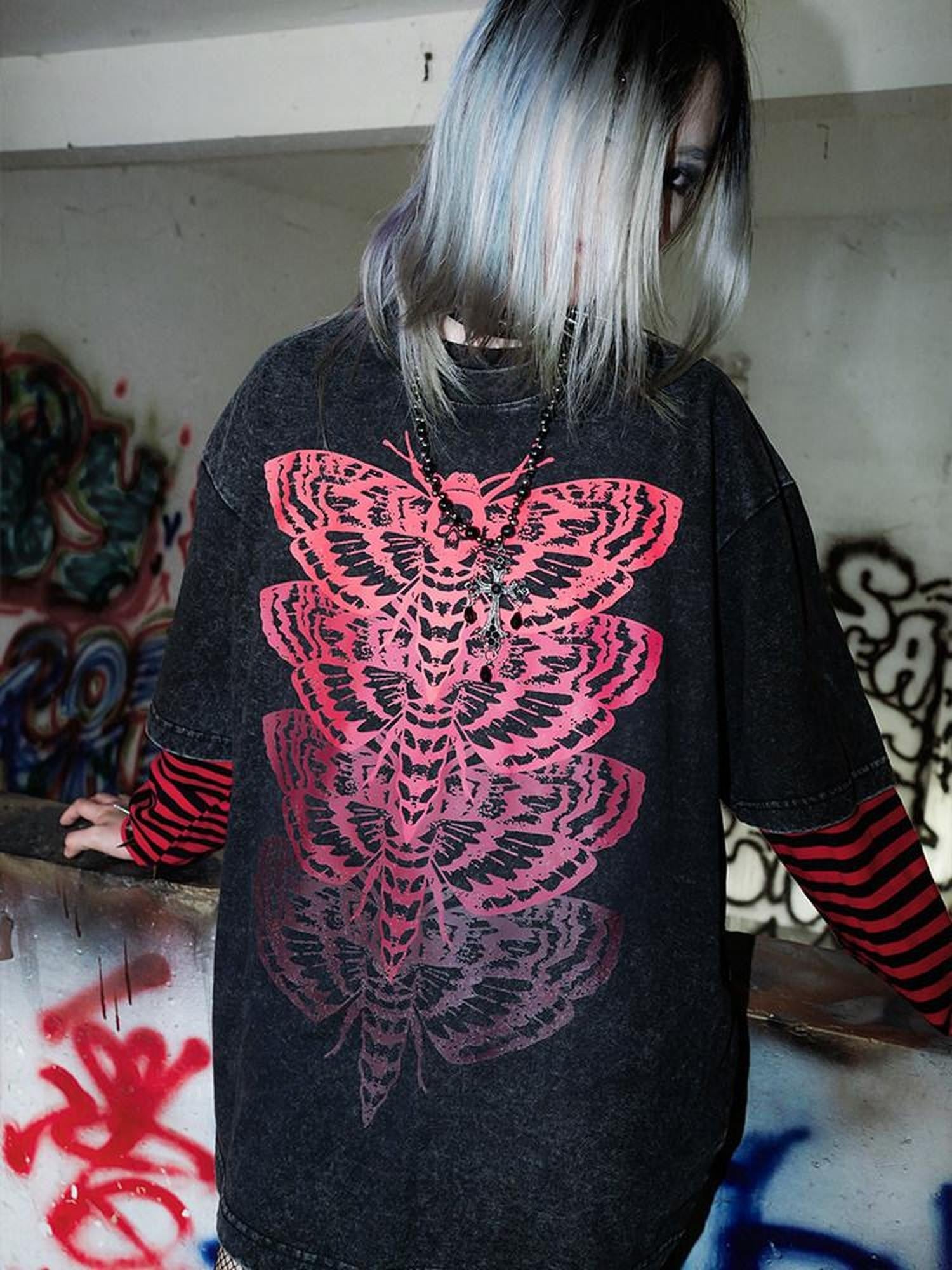 RebelSeed Skull Eagle Moth Print Hotstamp Striped Women's Cotton Long Sleeve T-shirts