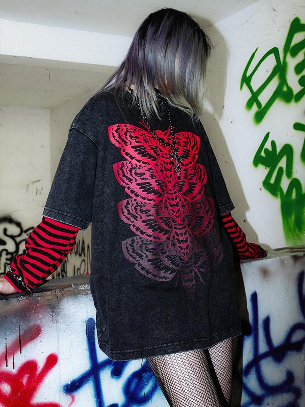 RebelSeed Skull Eagle Moth Print Hotstamp Striped Women's Cotton Long Sleeve T-shirts
