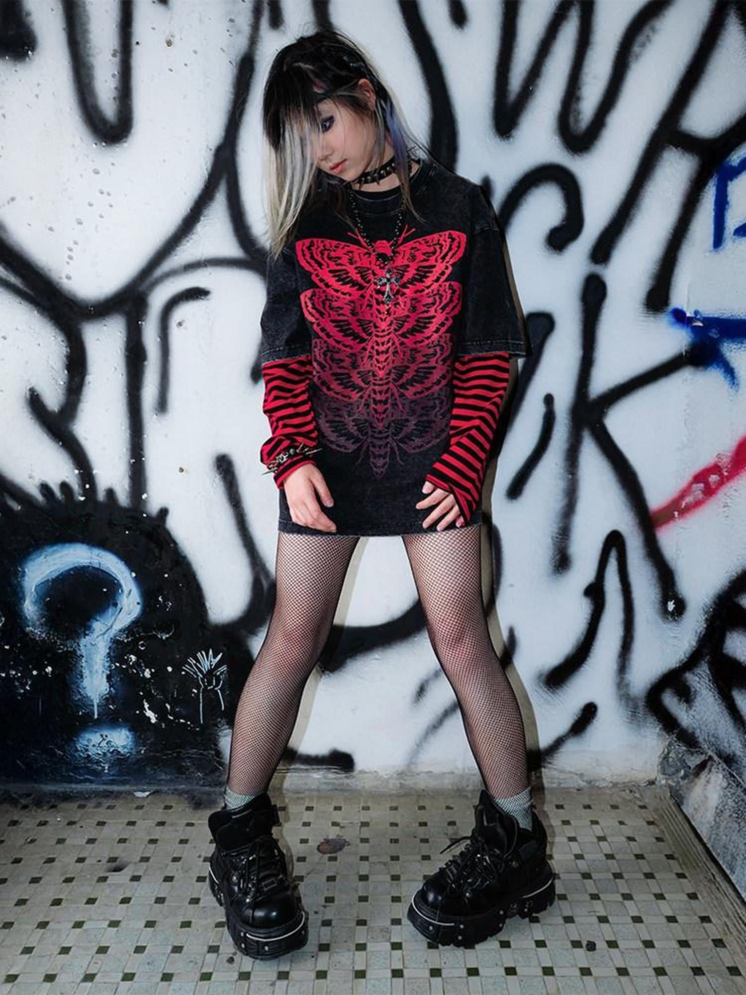 RebelSeed Skull Eagle Moth Print Hotstamp Striped Women's Cotton Long Sleeve T-shirts