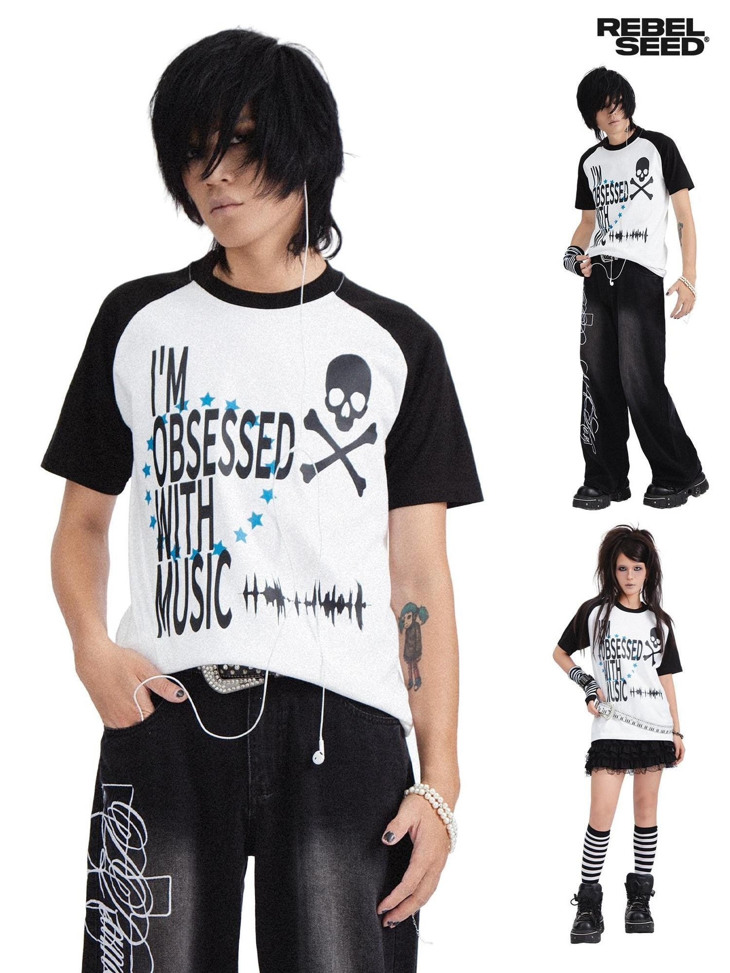 RebelSeed Skull Print Heat Transfer Raglan Loose Women's Cotton Short Sleeve T-shirts