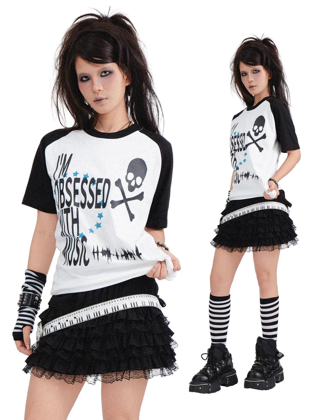 RebelSeed Skull Print Heat Transfer Raglan Loose Women's Cotton Short Sleeve T-shirts