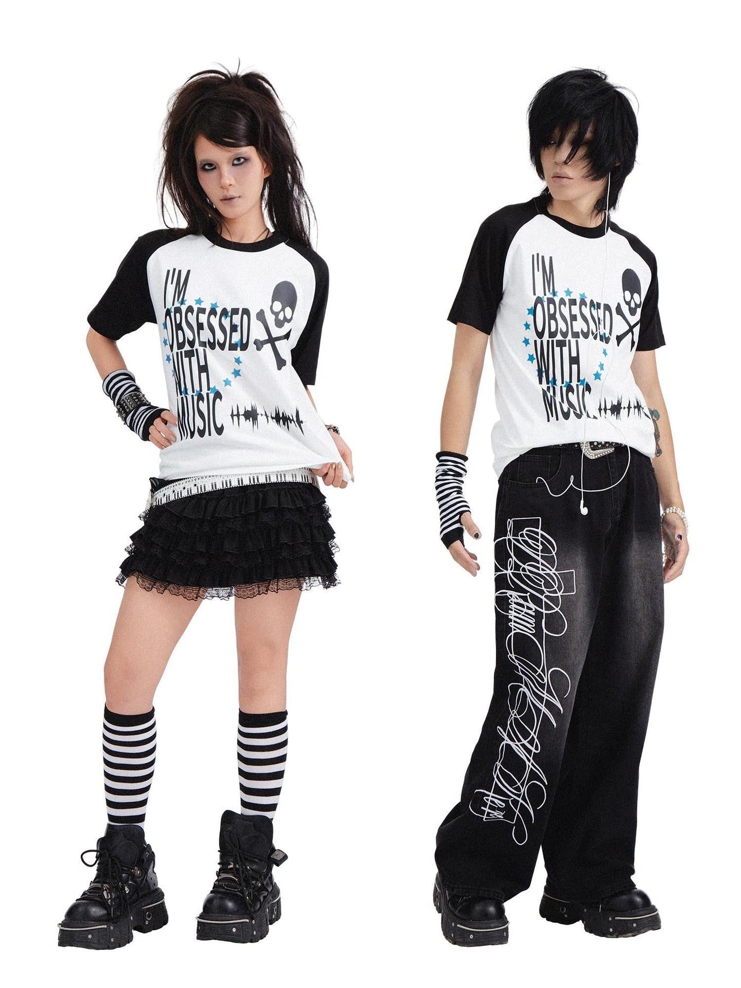 RebelSeed Skull Print Heat Transfer Raglan Loose Women's Cotton Short Sleeve T-shirts