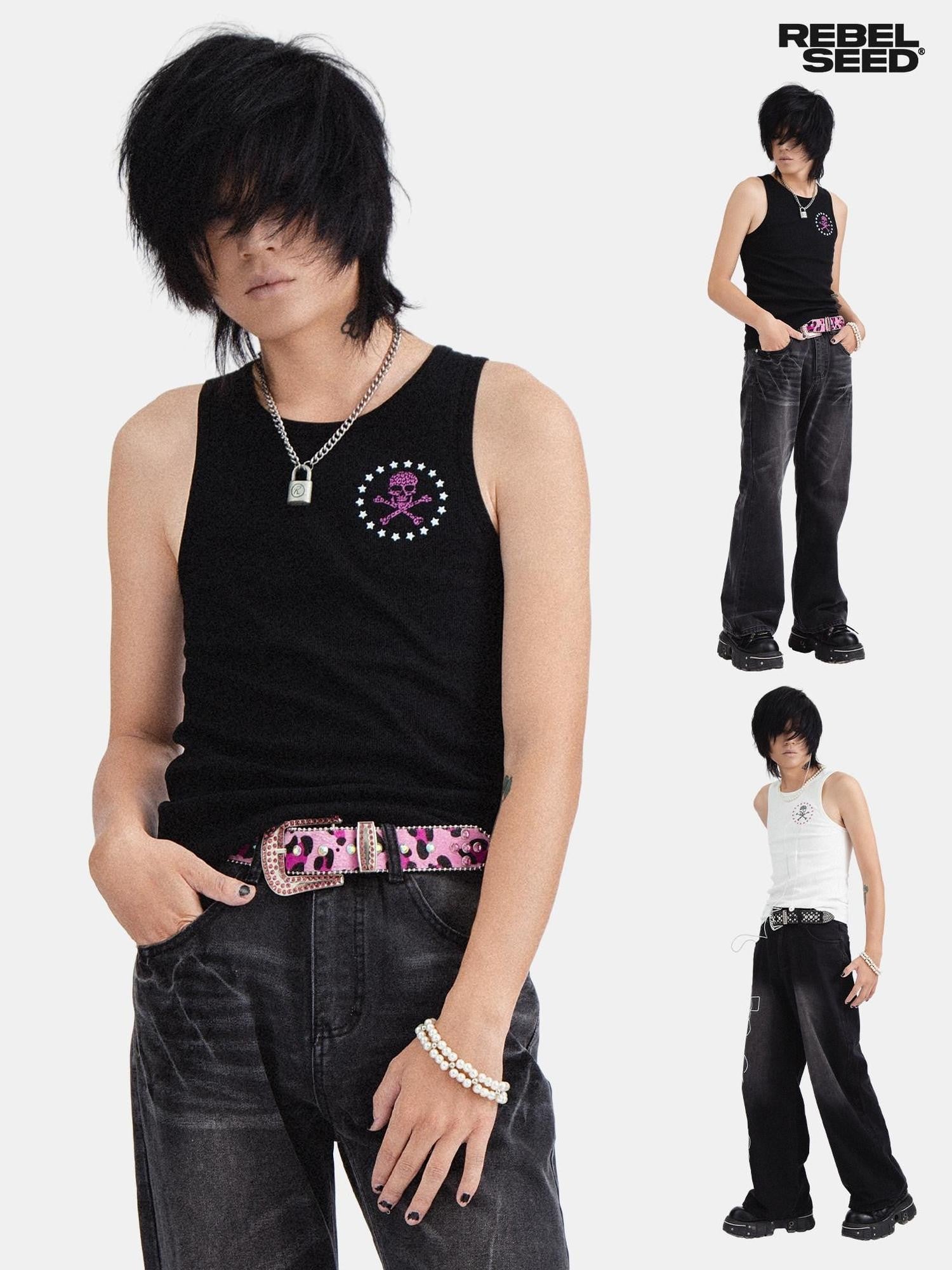 RebelSeed Skull Print Punk Slim H Silhouette Crewneck Women's Cotton Tank Tops