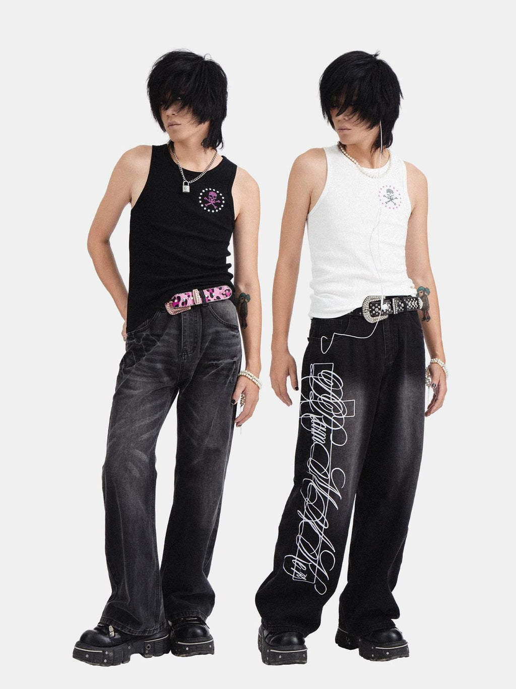 RebelSeed Skull Print Punk Slim H Silhouette Crewneck Women's Cotton Tank Tops