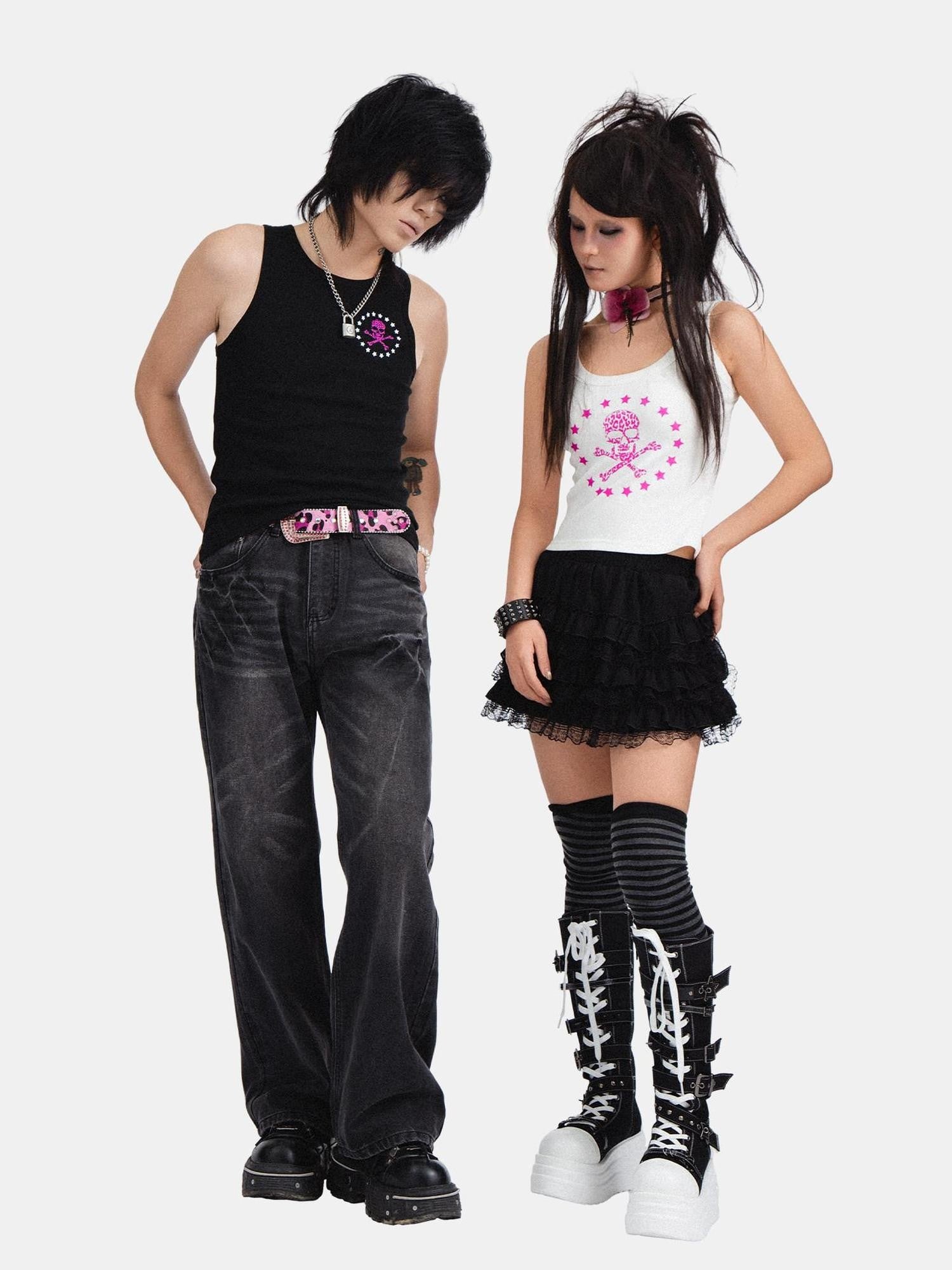 RebelSeed Skull Print Punk Slim H Silhouette Crewneck Women's Cotton Tank Tops