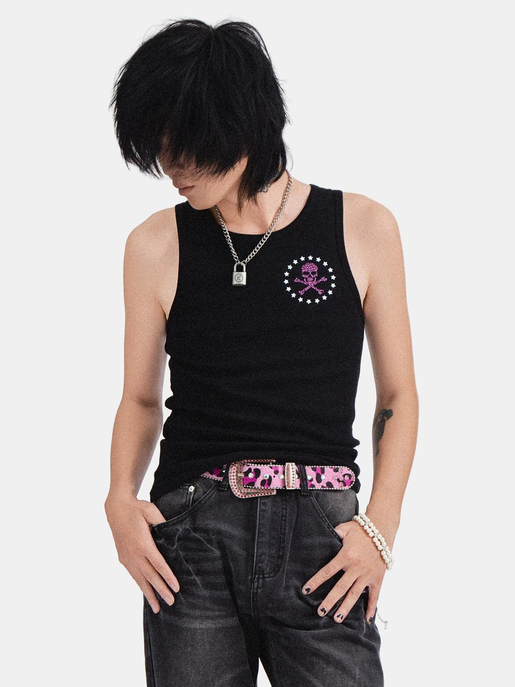 RebelSeed Skull Print Punk Slim H Silhouette Crewneck Women's Cotton Tank Tops