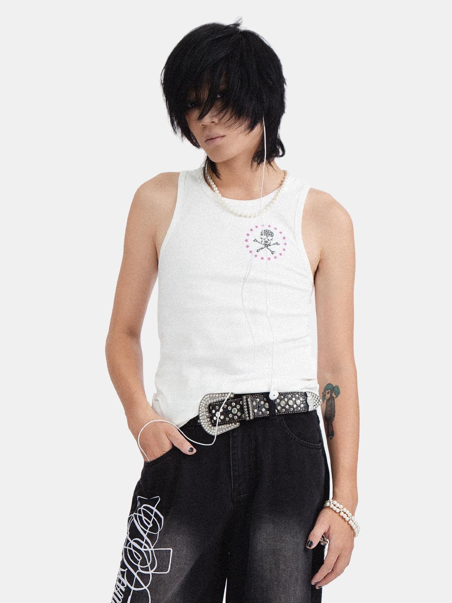 RebelSeed Skull Print Punk Slim H Silhouette Crewneck Women's Cotton Tank Tops