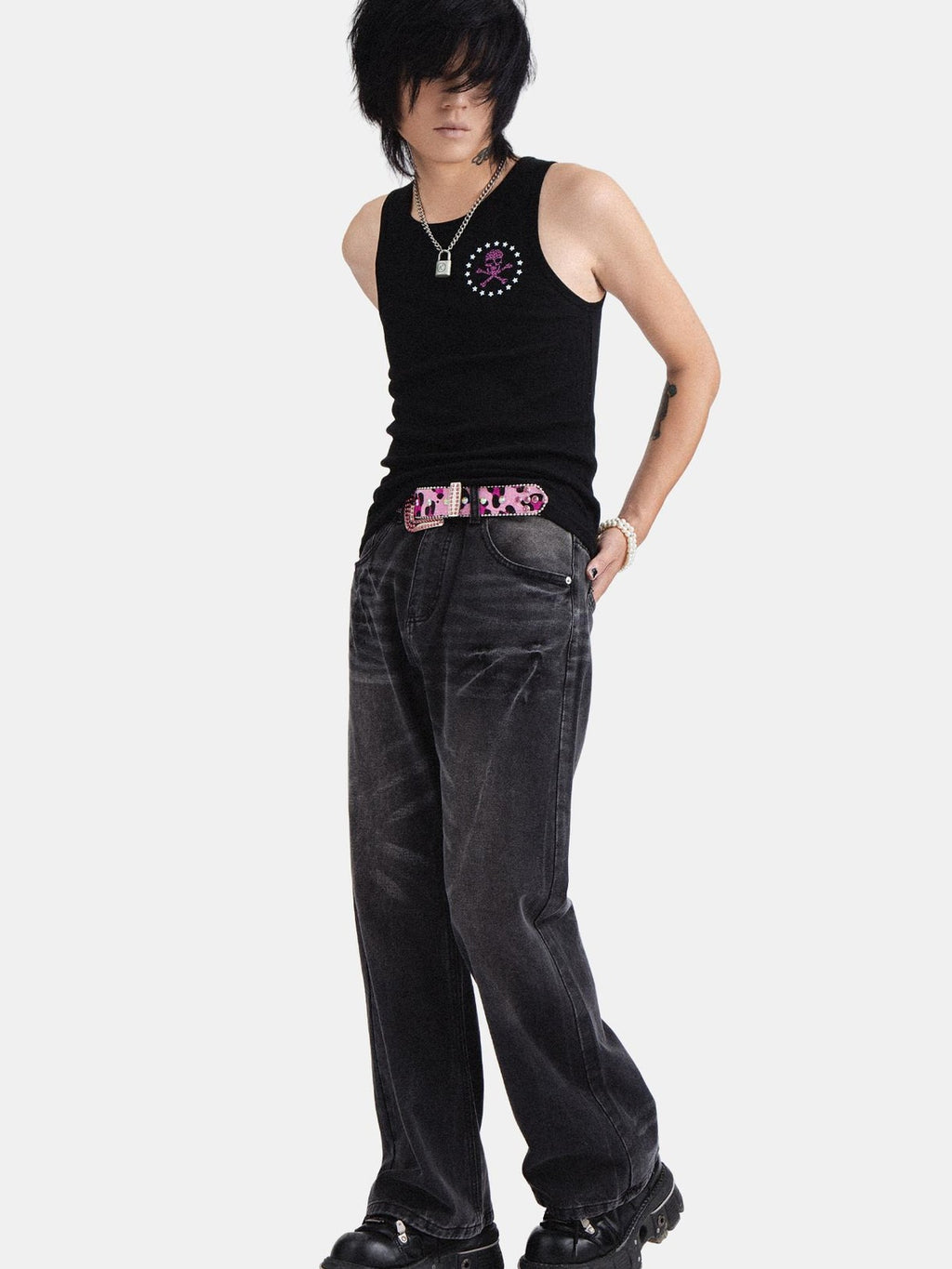 RebelSeed Skull Print Punk Slim H Silhouette Crewneck Women's Cotton Tank Tops