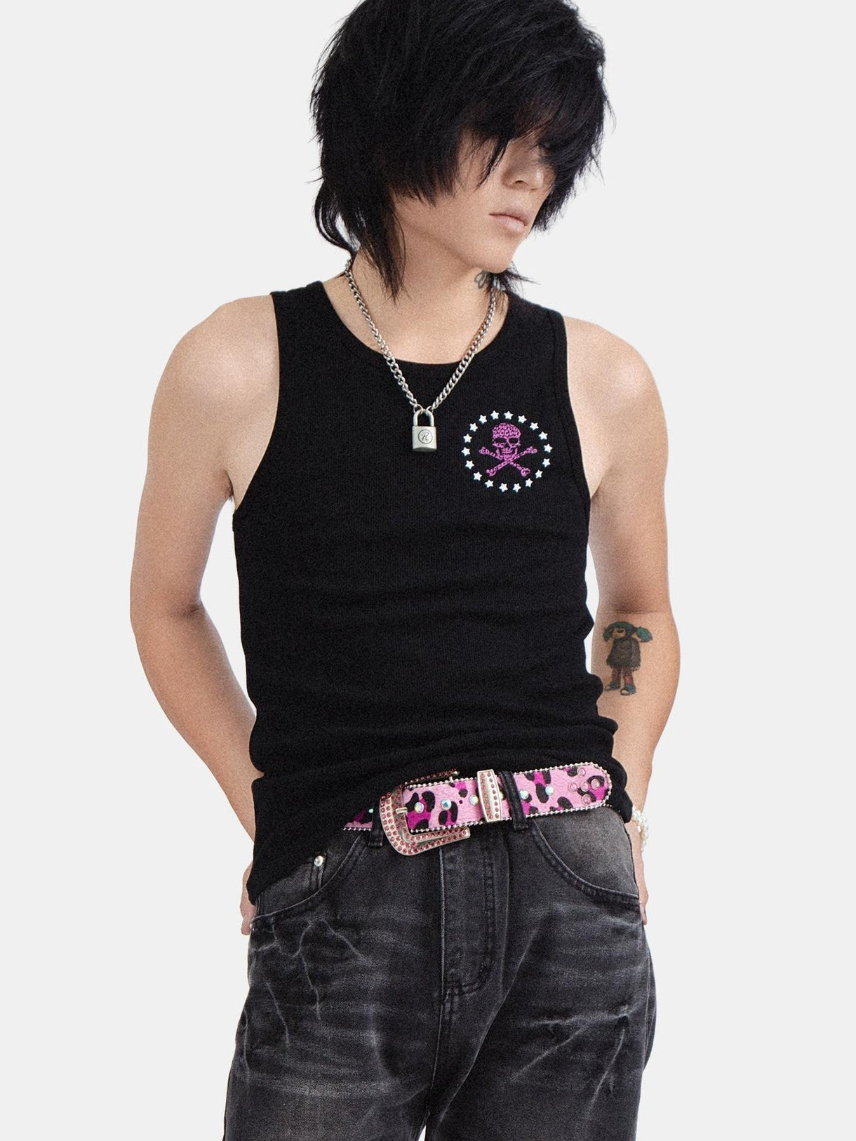 RebelSeed Skull Print Punk Slim H Silhouette Crewneck Women's Cotton Tank Tops