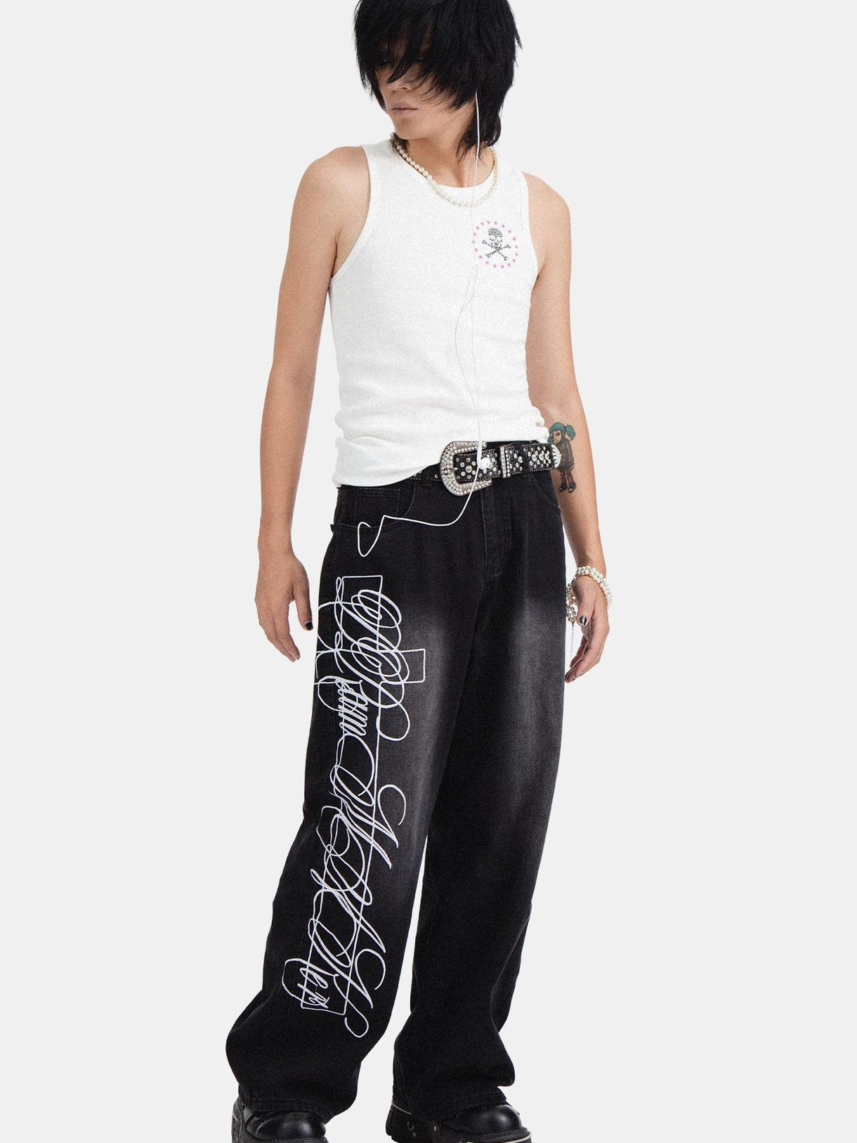 RebelSeed Skull Print Punk Slim H Silhouette Crewneck Women's Cotton Tank Tops