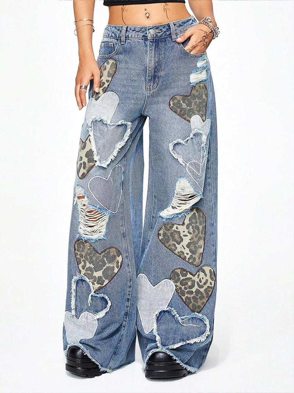 RebelSeed Sky Blue Heart Leopard Print Distressed Embroidered Women's Denim Wide-leg Jeans