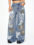 RebelSeed Sky Blue Heart Leopard Print Distressed Embroidered Women's Denim Wide-leg Jeans