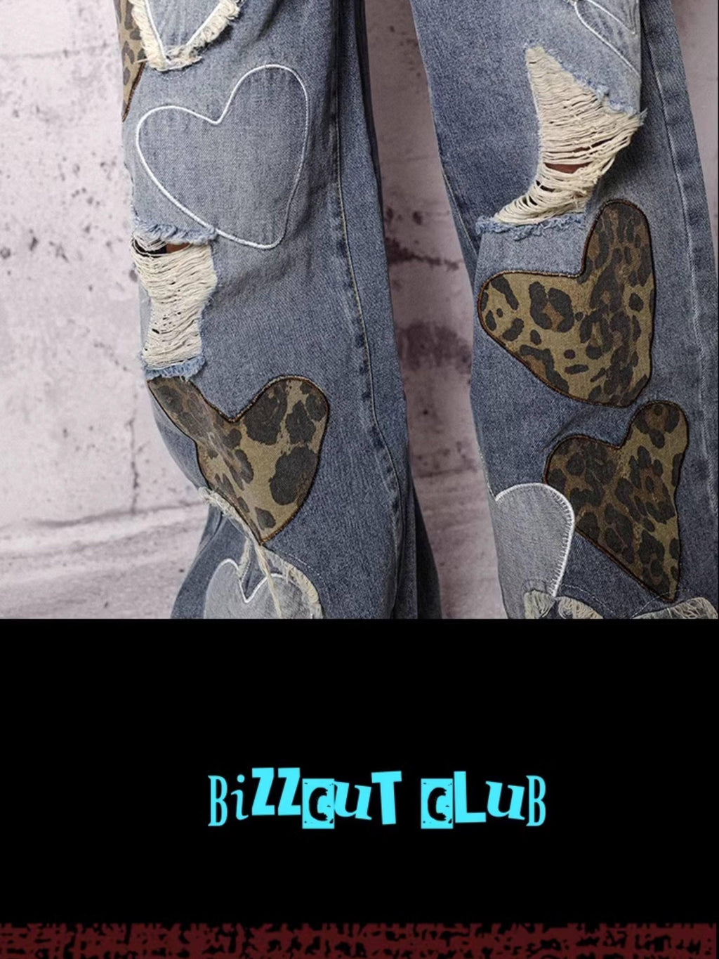RebelSeed Sky Blue Heart Leopard Print Distressed Embroidered Women's Denim Wide-leg Jeans