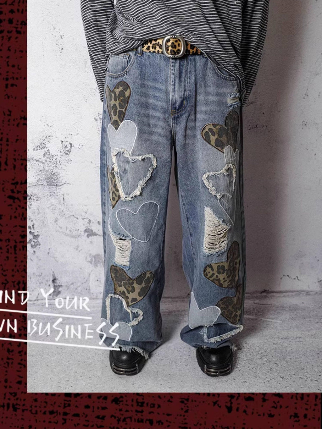 RebelSeed Sky Blue Heart Leopard Print Distressed Embroidered Women's Denim Wide-leg Jeans