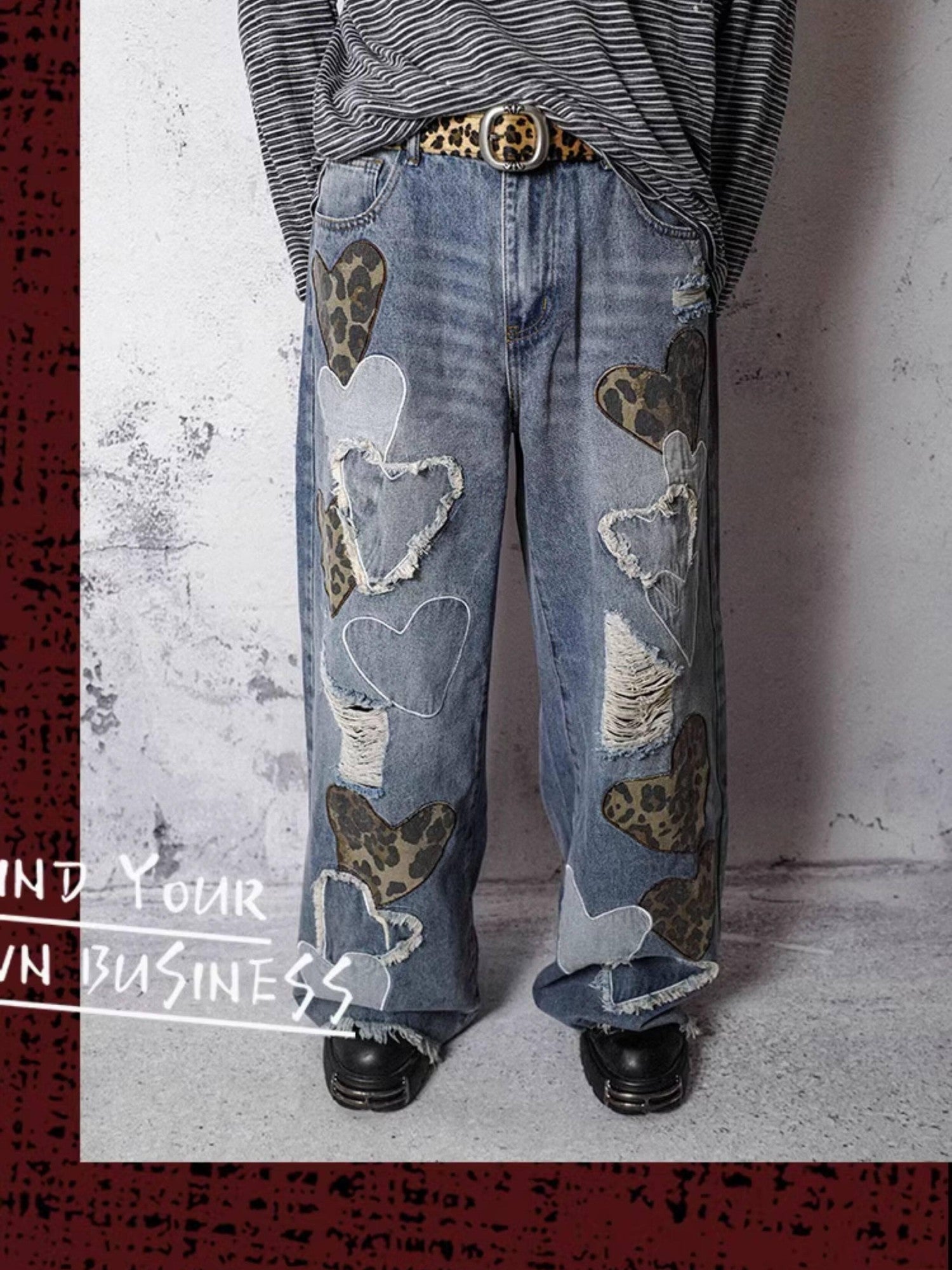 RebelSeed Sky Blue Heart Leopard Print Distressed Embroidered Women's Denim Wide-leg Jeans