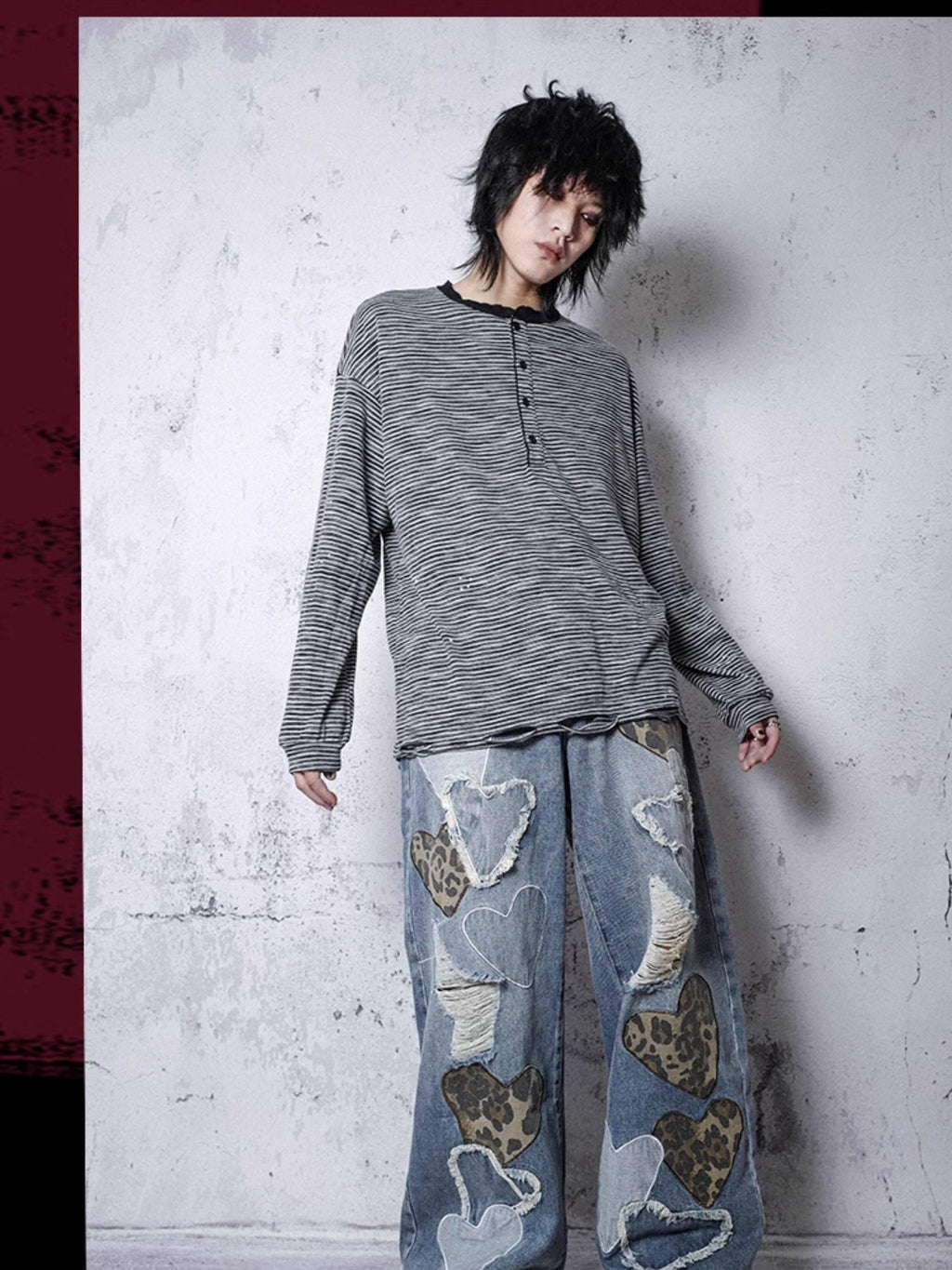 RebelSeed Sky Blue Heart Leopard Print Distressed Embroidered Women's Denim Wide-leg Jeans