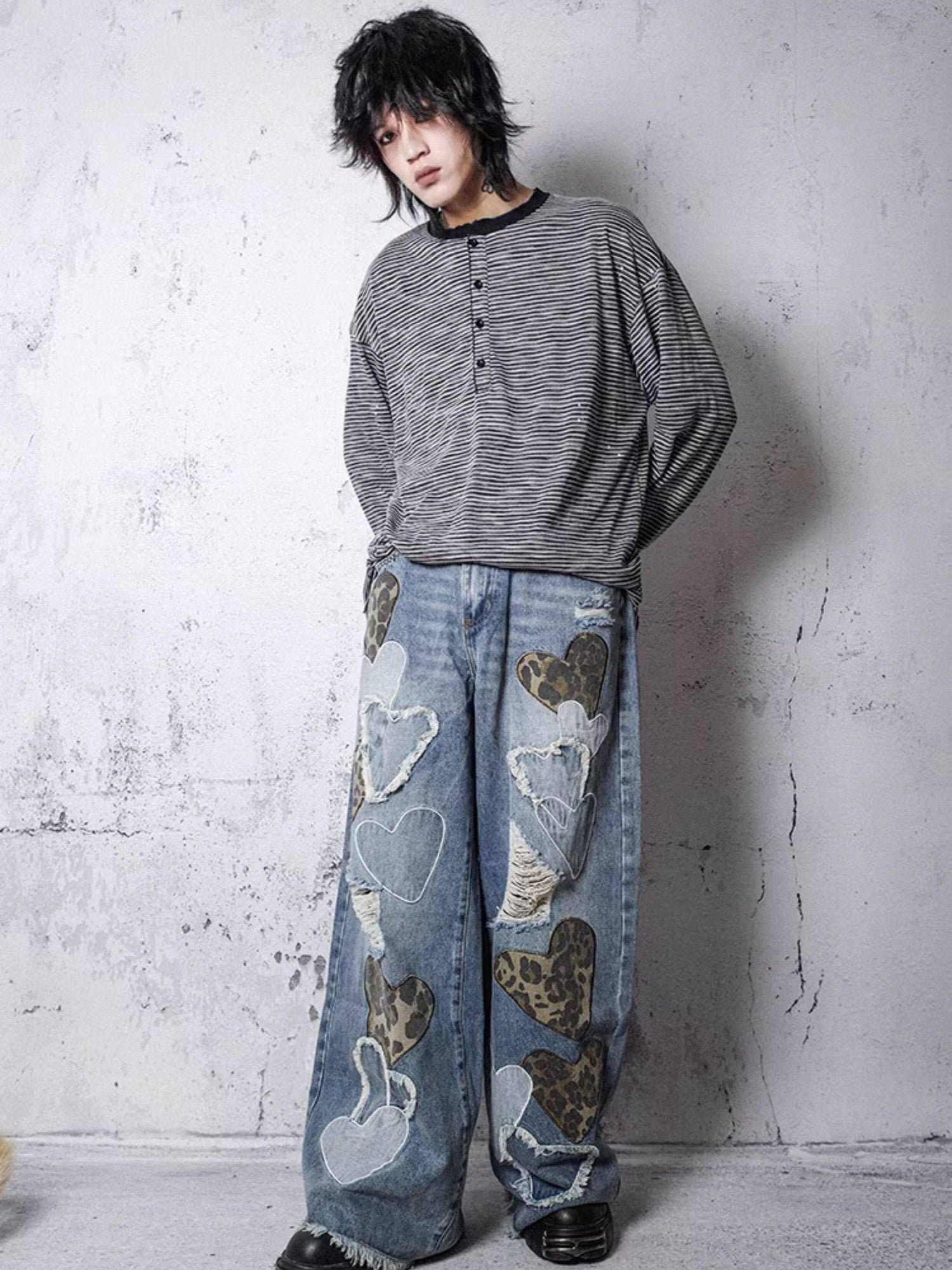RebelSeed Sky Blue Heart Leopard Print Distressed Embroidered Women's Denim Wide-leg Jeans