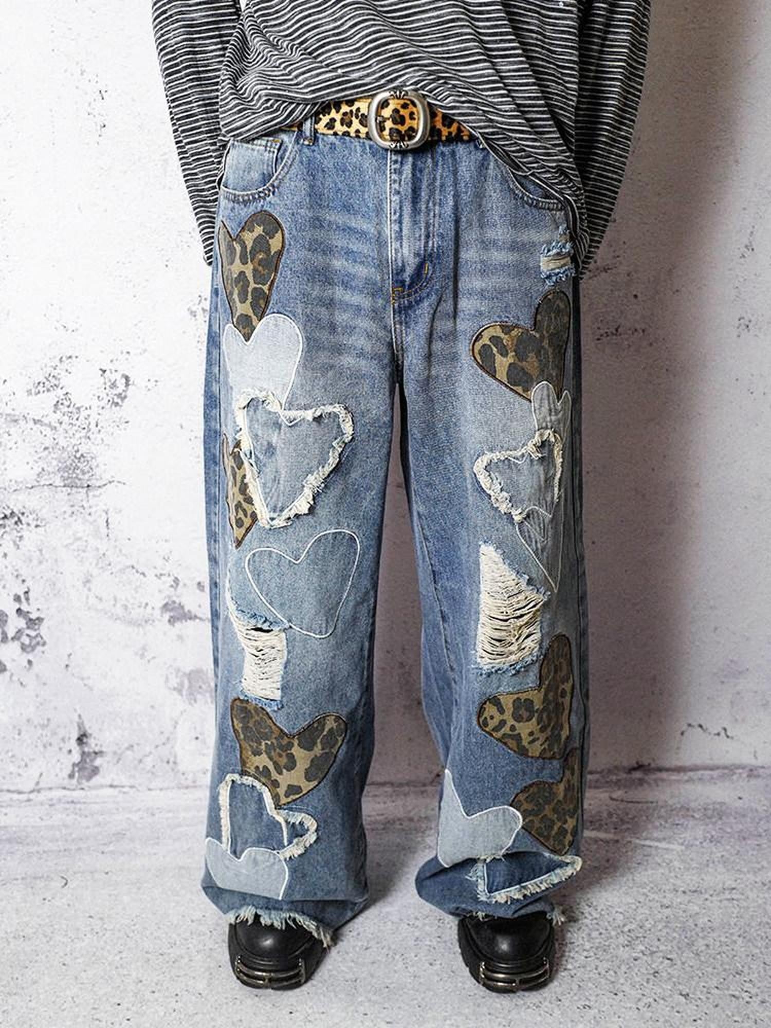 RebelSeed Sky Blue Heart Leopard Print Distressed Embroidered Women's Denim Wide-leg Jeans