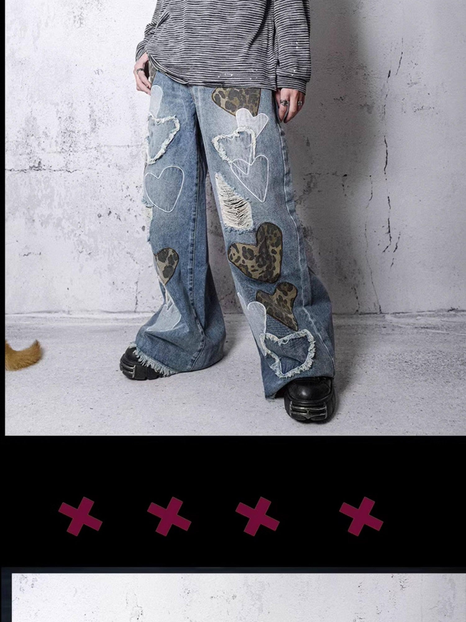 RebelSeed Sky Blue Heart Leopard Print Distressed Embroidered Women's Denim Wide-leg Jeans