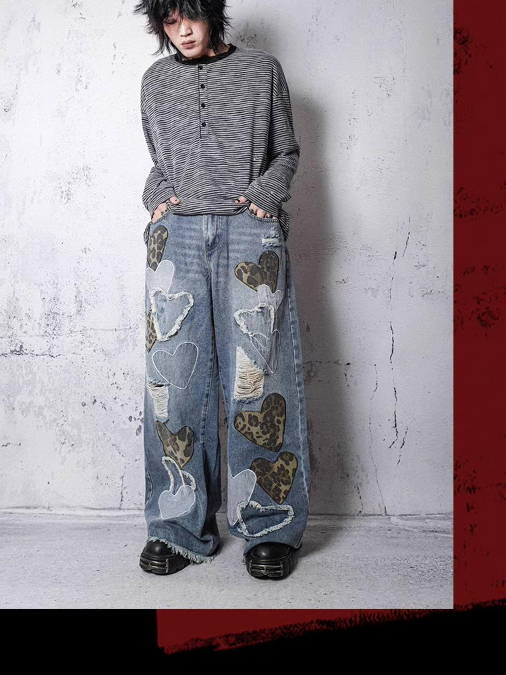 RebelSeed Sky Blue Heart Leopard Print Distressed Embroidered Women's Denim Wide-leg Jeans