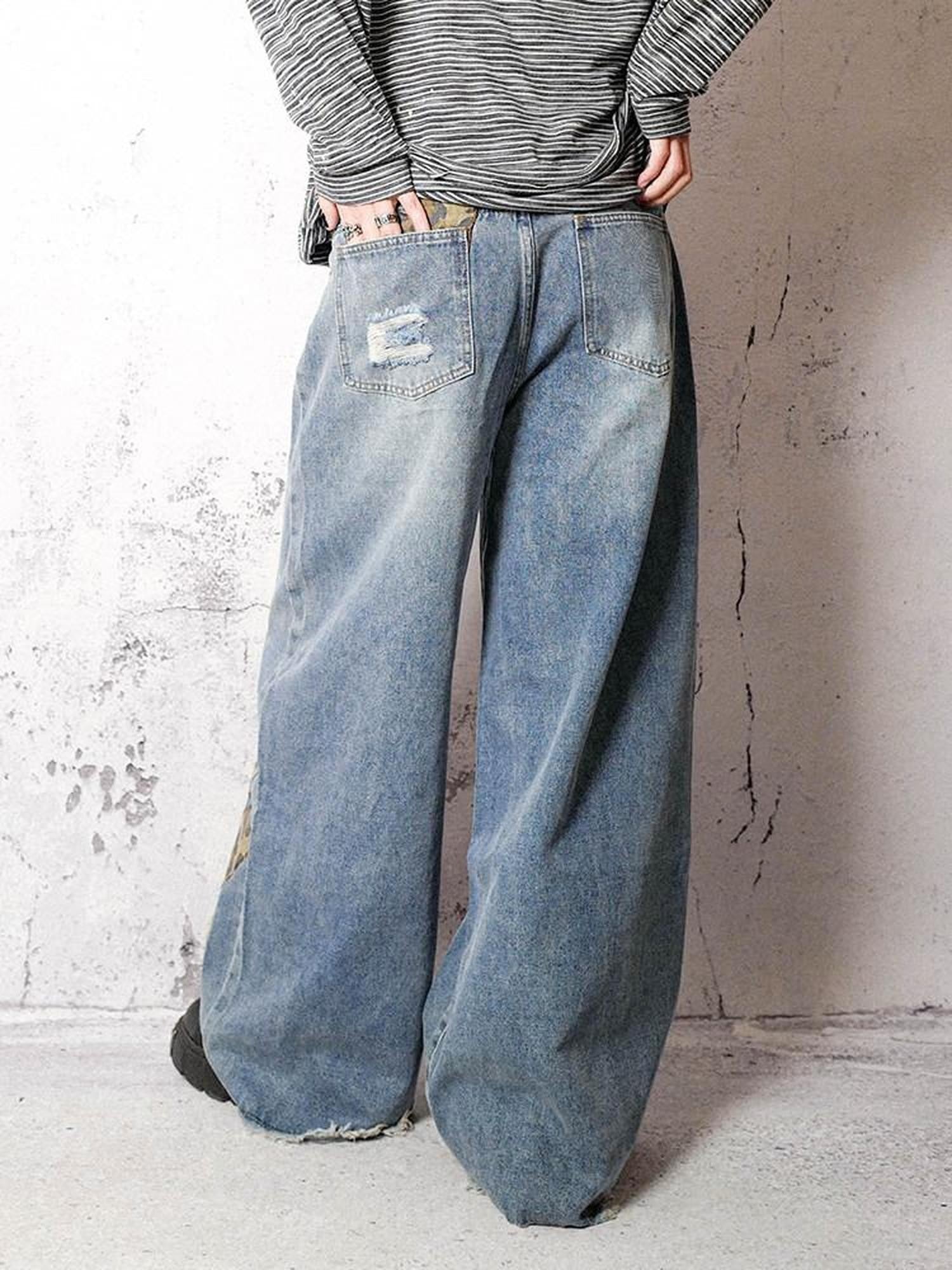 RebelSeed Sky Blue Heart Leopard Print Distressed Embroidered Women's Denim Wide-leg Jeans
