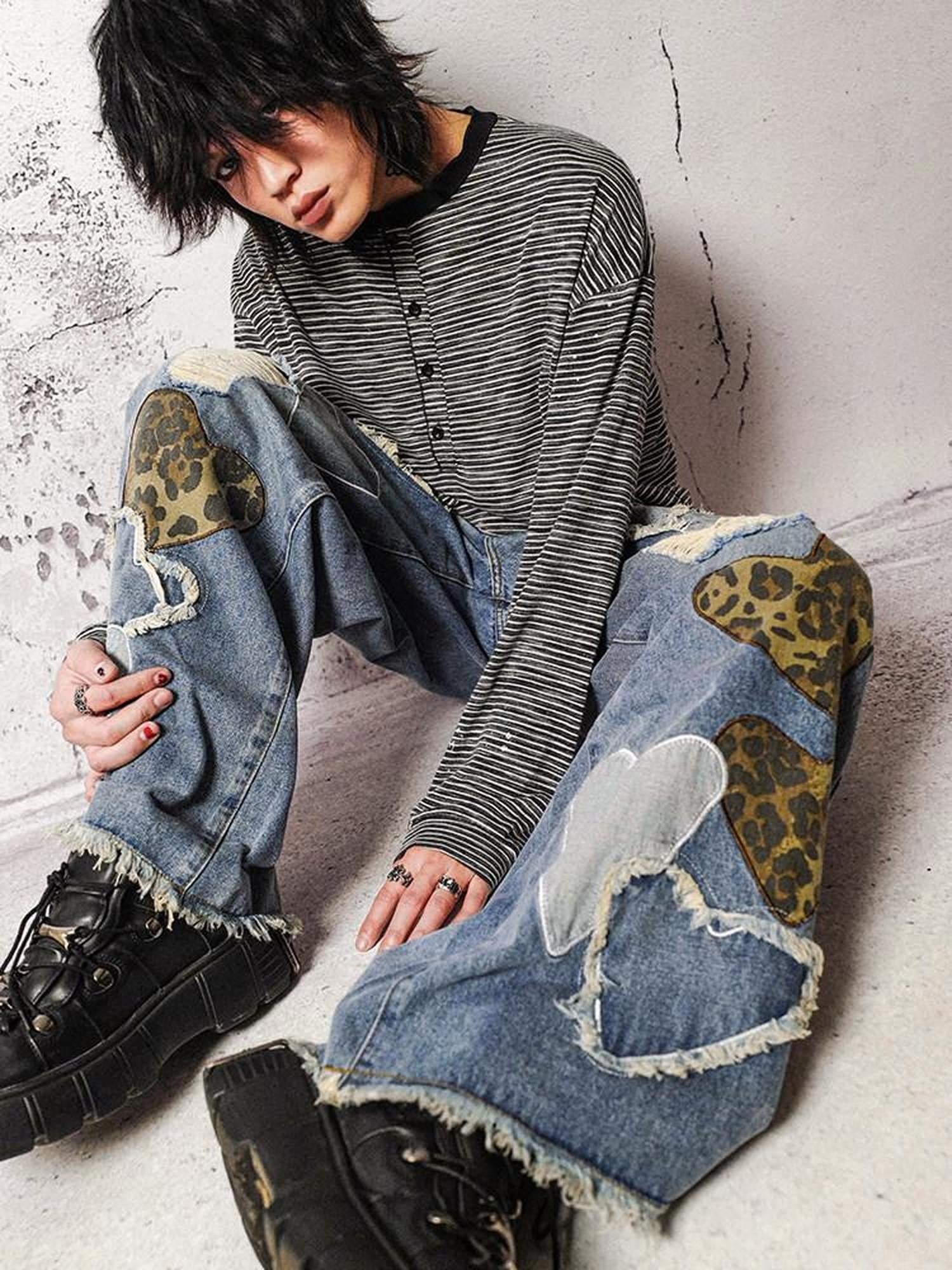 RebelSeed Sky Blue Heart Leopard Print Distressed Embroidered Women's Denim Wide-leg Jeans