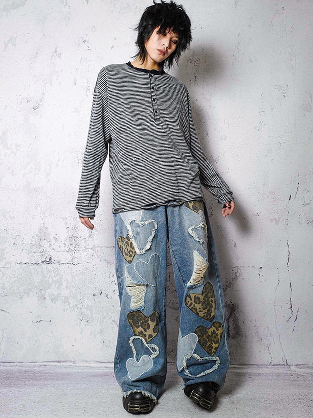 RebelSeed Sky Blue Heart Leopard Print Distressed Embroidered Women's Denim Wide-leg Jeans