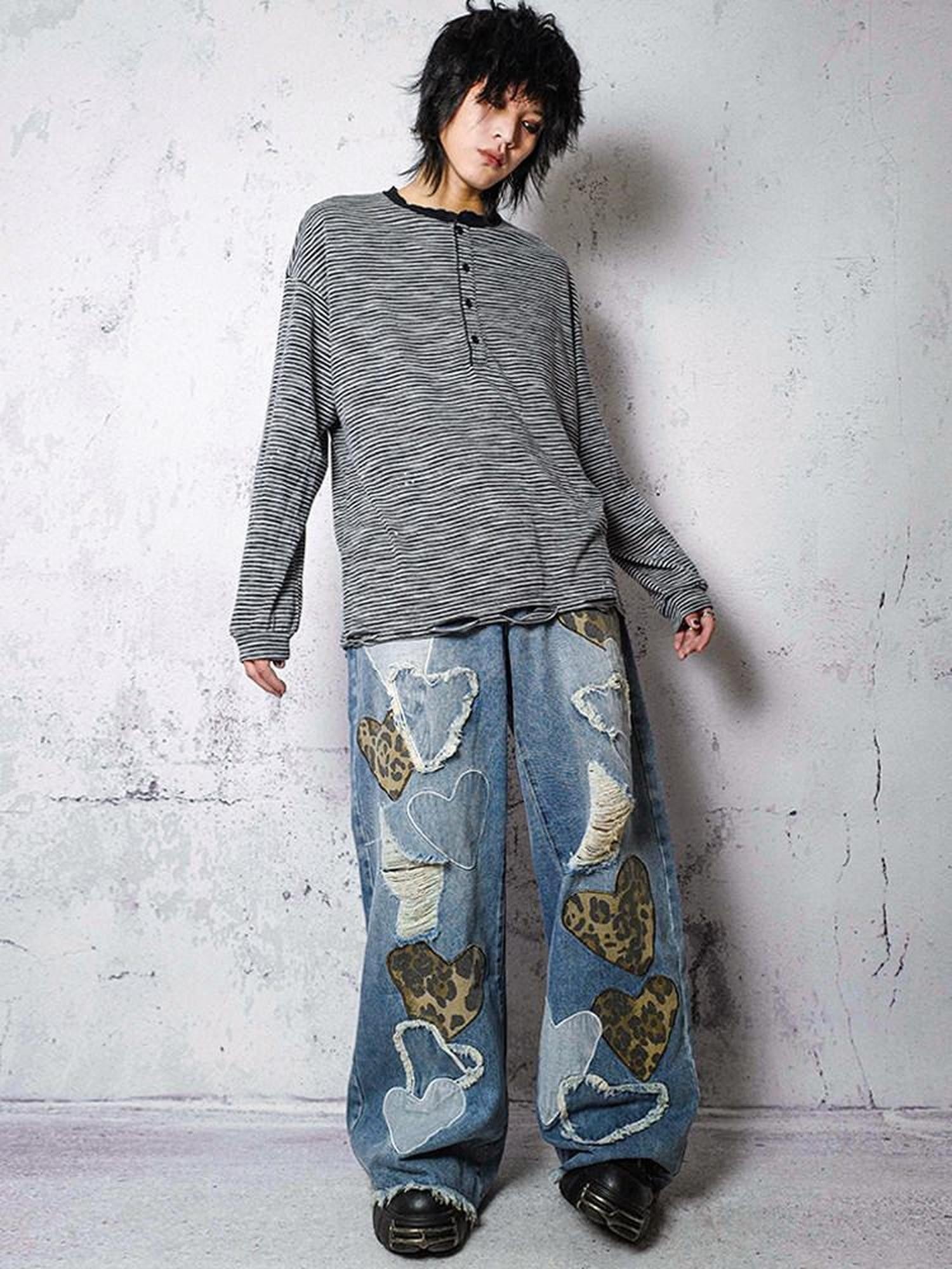 RebelSeed Sky Blue Heart Leopard Print Distressed Embroidered Women's Denim Wide-leg Jeans