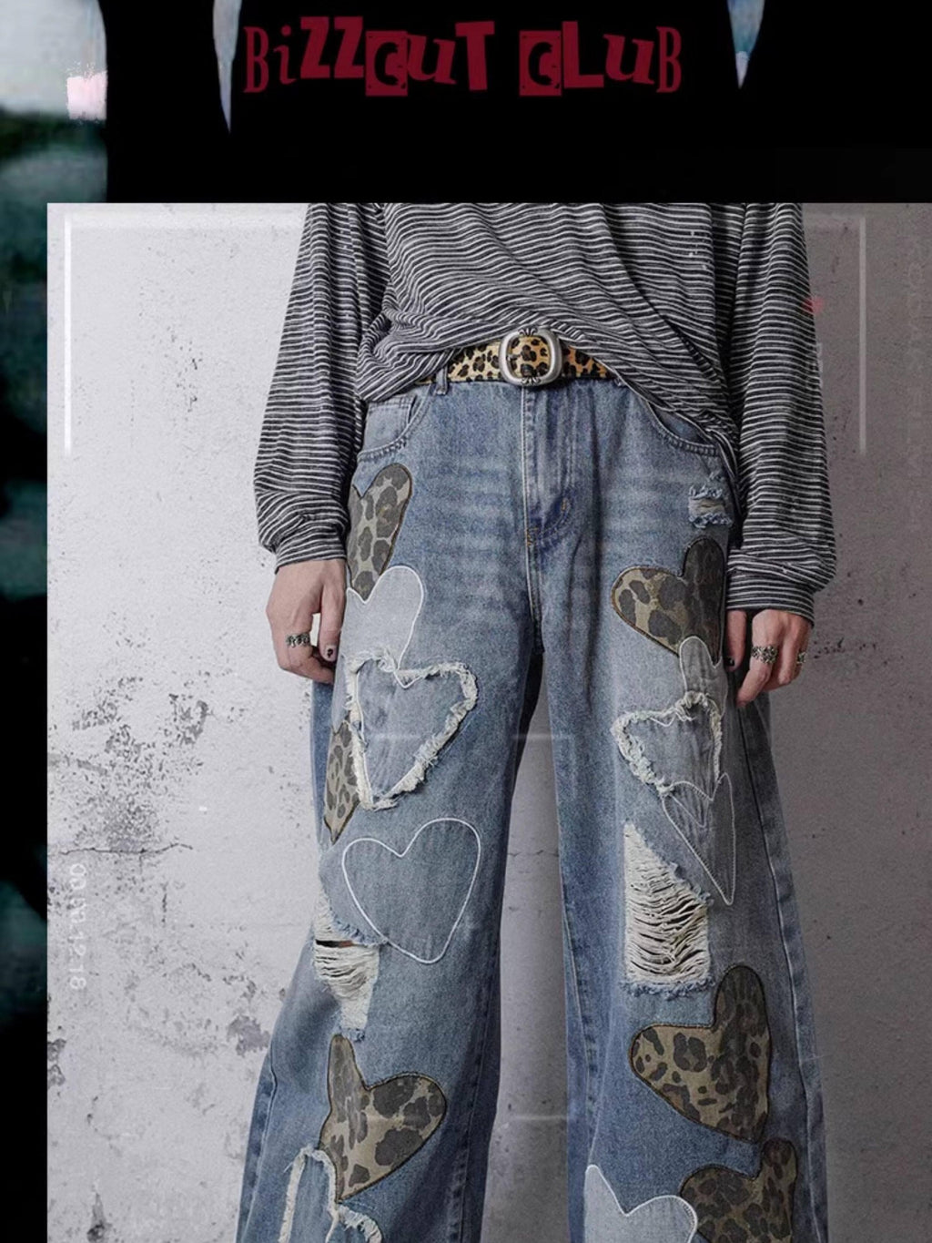 RebelSeed Sky Blue Heart Leopard Print Distressed Embroidered Women's Denim Wide-leg Jeans
