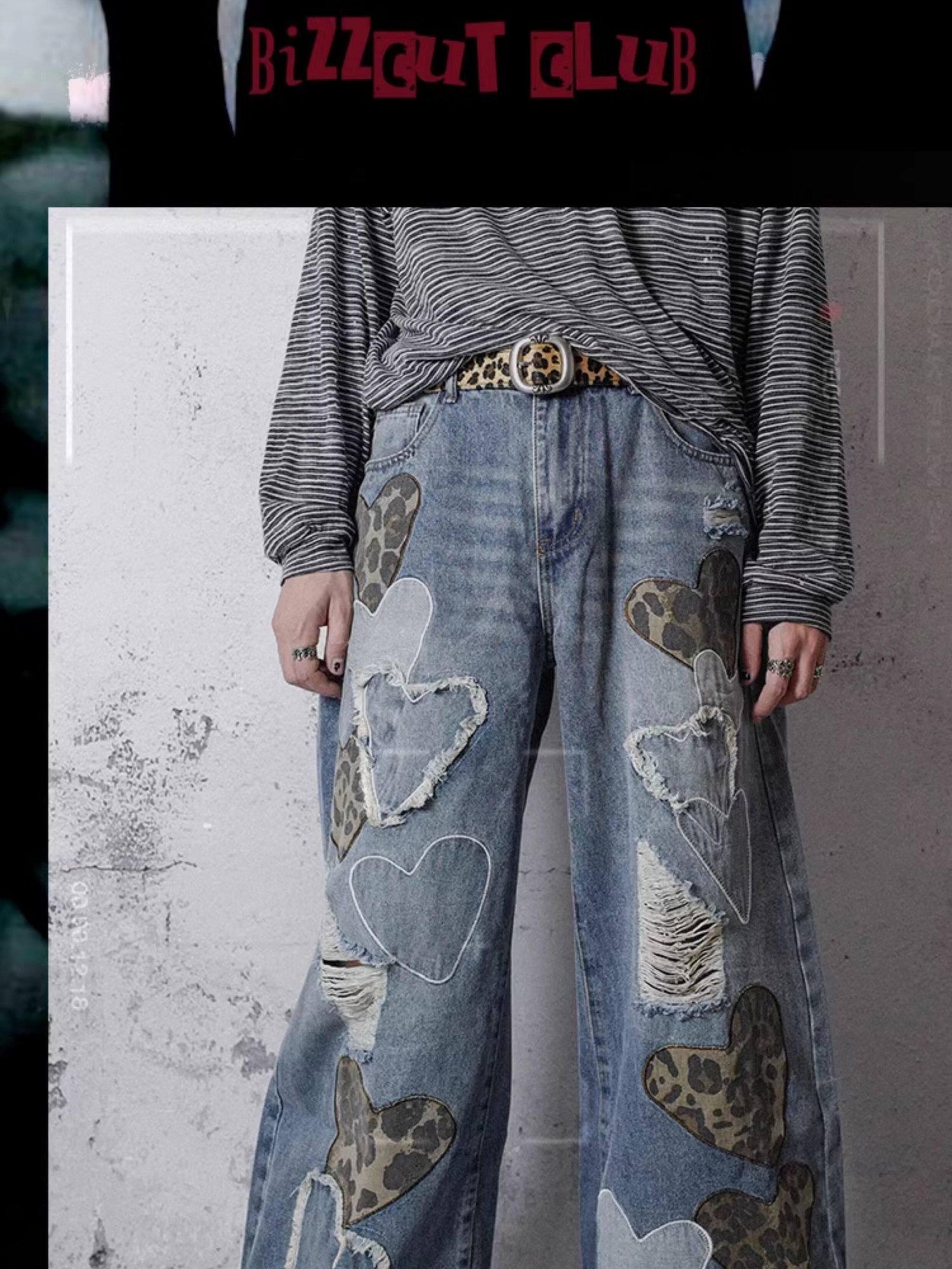 RebelSeed Sky Blue Heart Leopard Print Distressed Embroidered Women's Denim Wide-leg Jeans