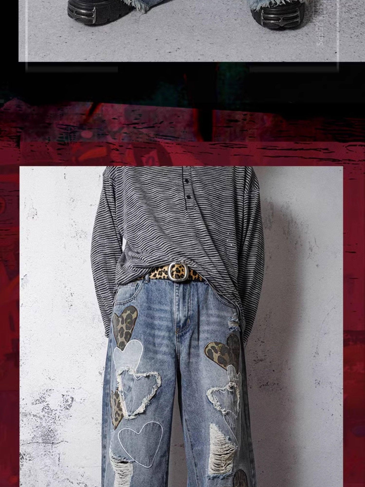 RebelSeed Sky Blue Heart Leopard Print Distressed Embroidered Women's Denim Wide-leg Jeans