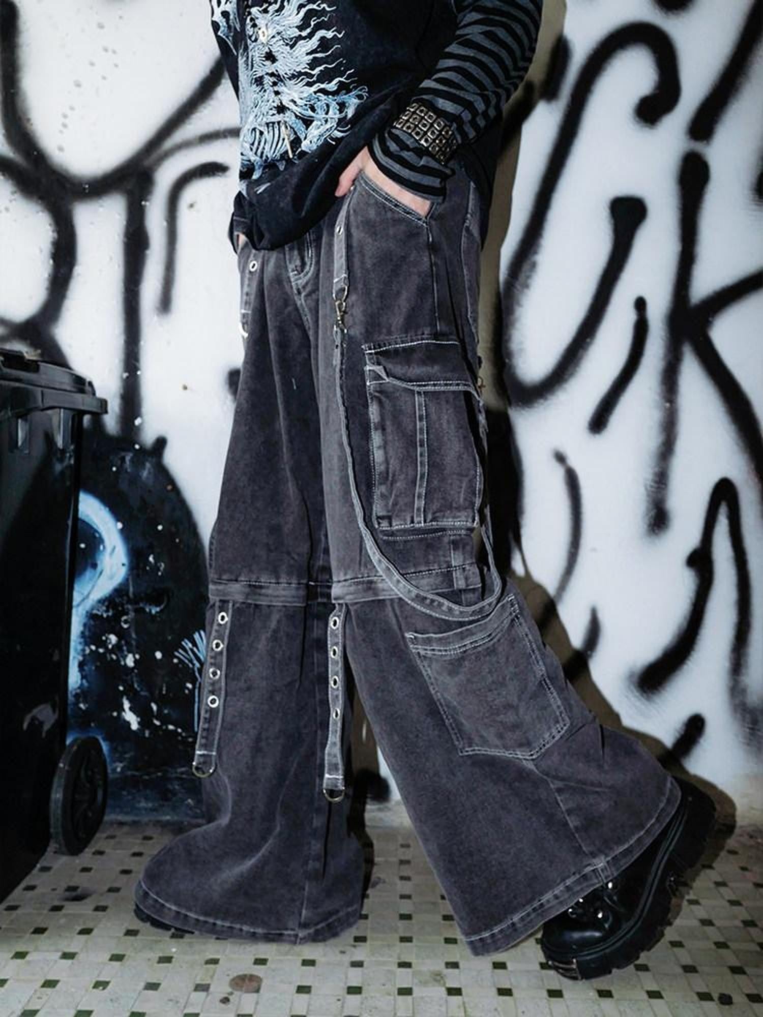 RebelSeed Snowflake Embroidered Strap Punk Women's Distressed Denim Wide-leg Jeans