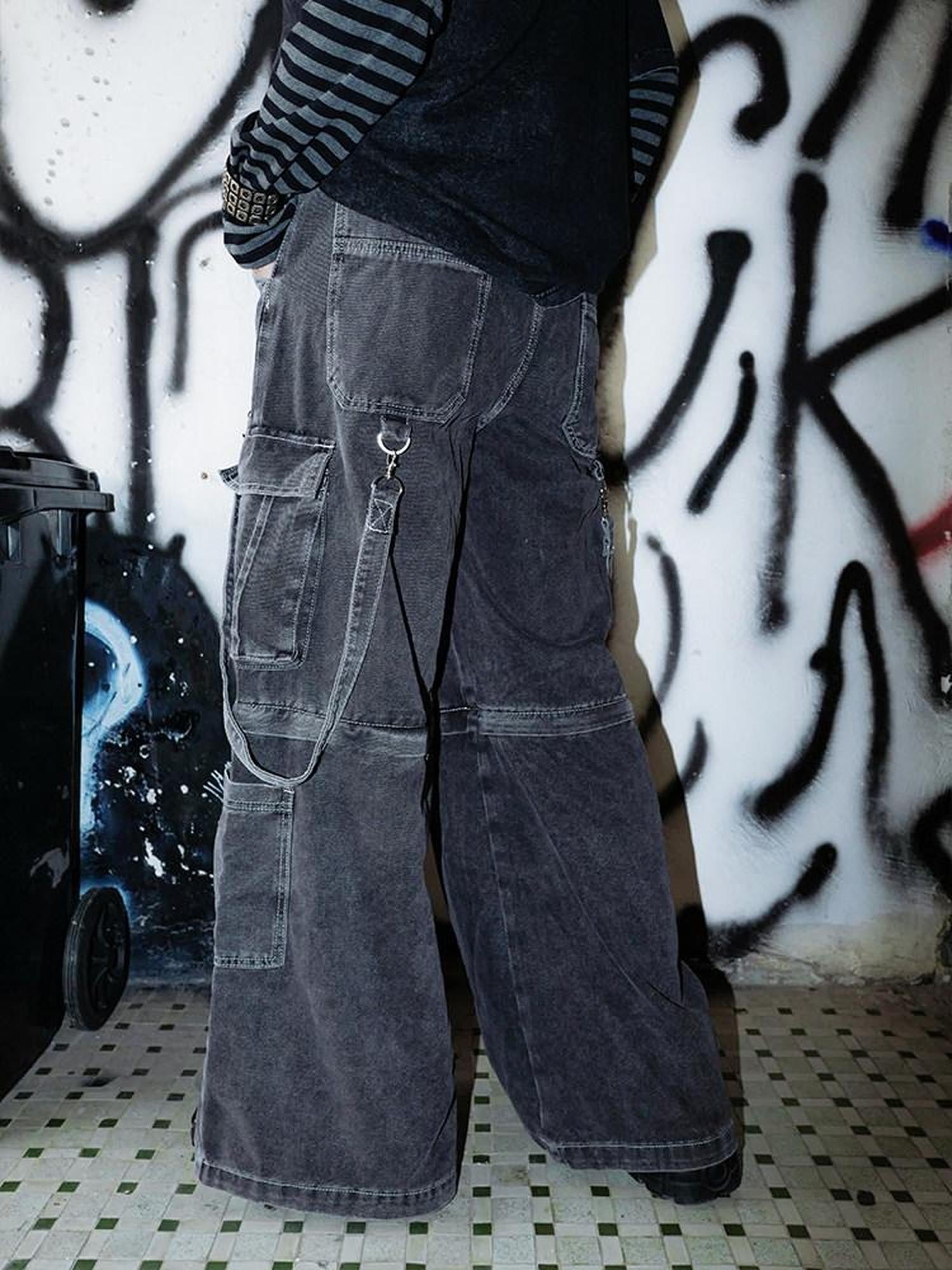 RebelSeed Snowflake Embroidered Strap Punk Women's Distressed Denim Wide-leg Jeans