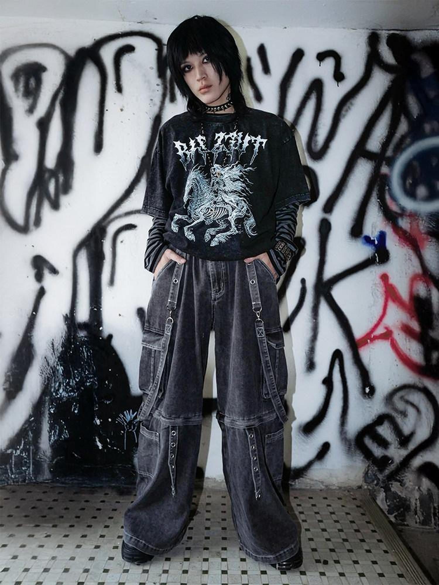 RebelSeed Snowflake Embroidered Strap Punk Women's Distressed Denim Wide-leg Jeans