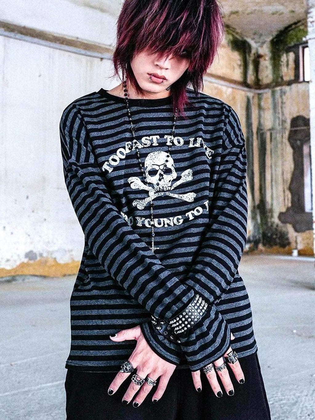 RebelSeed Striped Punk Skull Print Heat Transfer Women's Cotton Long Sleeve T-shirts