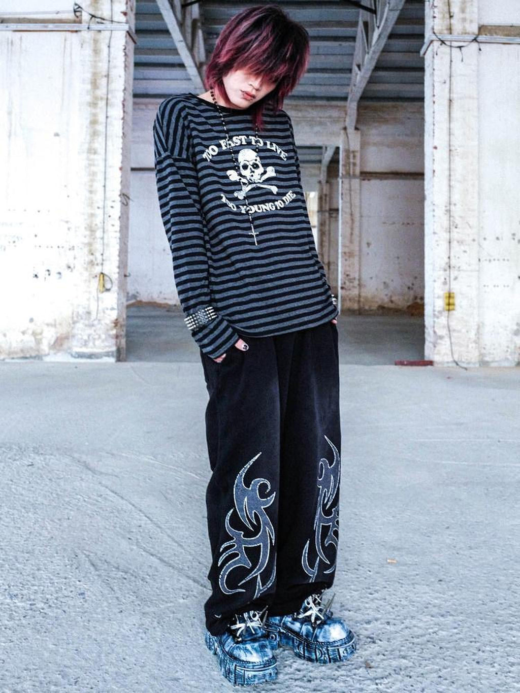 RebelSeed Striped Punk Skull Print Heat Transfer Women's Cotton Long Sleeve T-shirts