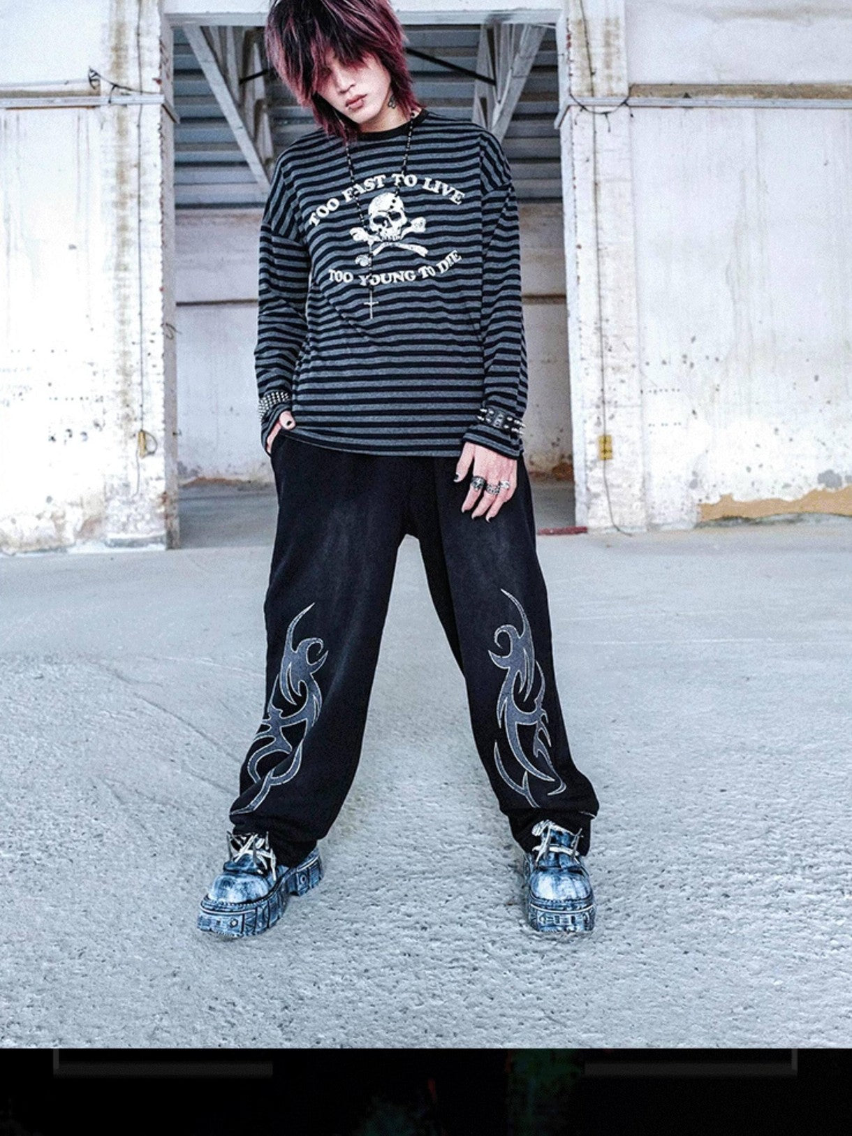RebelSeed Striped Punk Skull Print Heat Transfer Women's Cotton Long Sleeve T-shirts