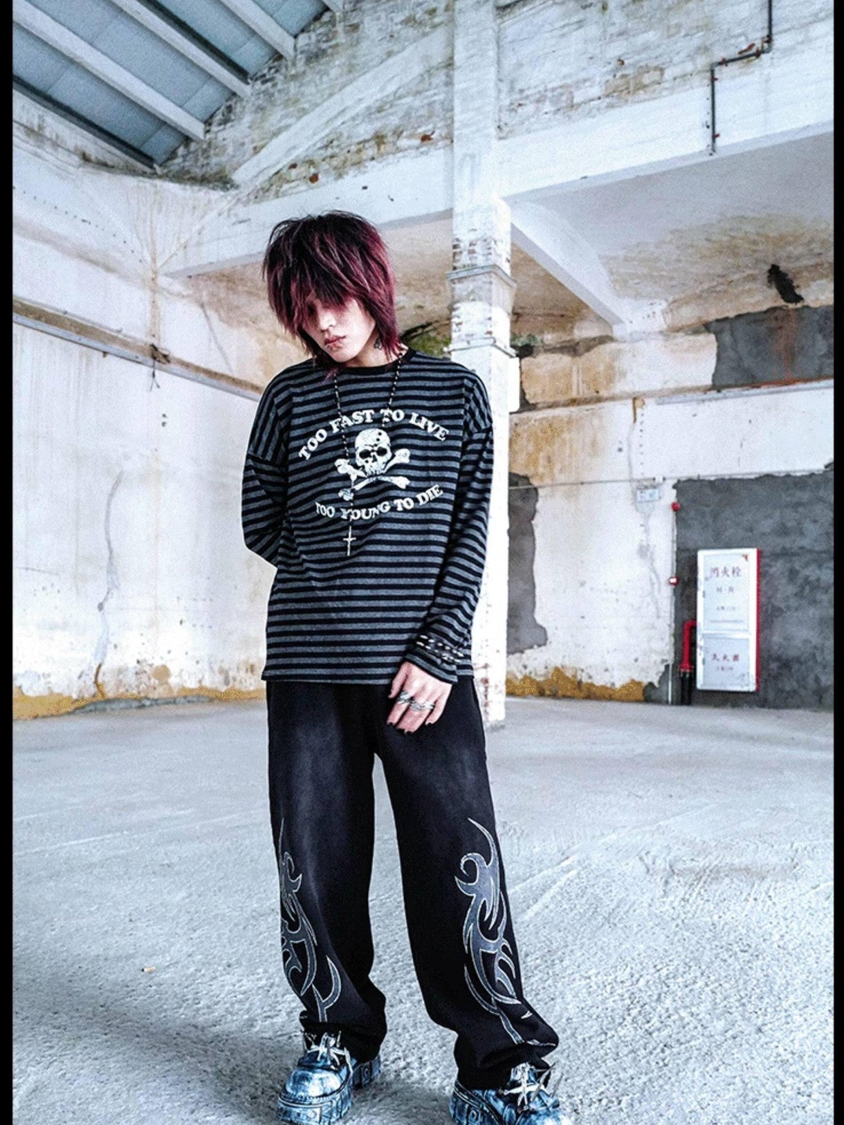 RebelSeed Striped Punk Skull Print Heat Transfer Women's Cotton Long Sleeve T-shirts