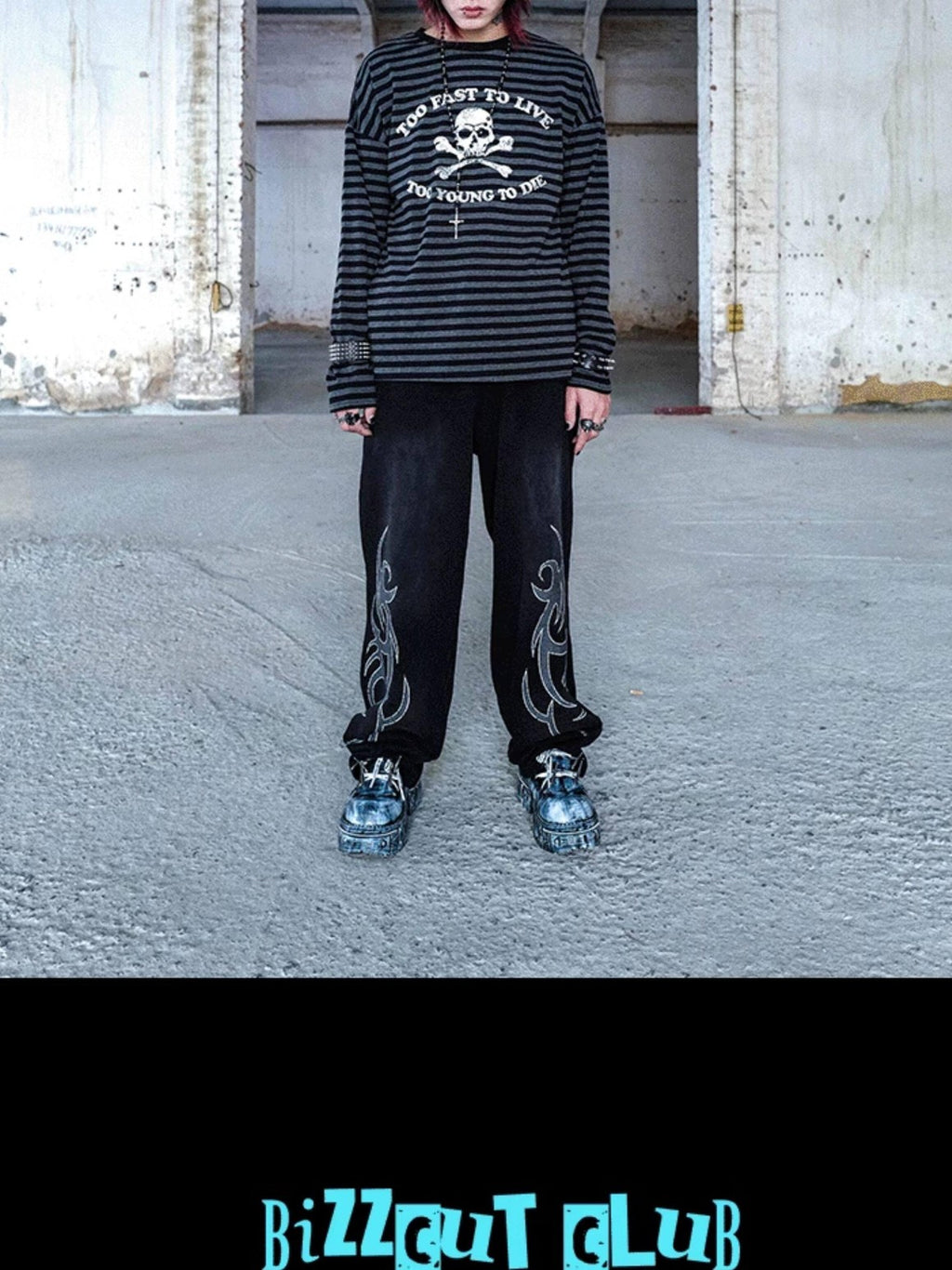 RebelSeed Striped Punk Skull Print Heat Transfer Women's Cotton Long Sleeve T-shirts