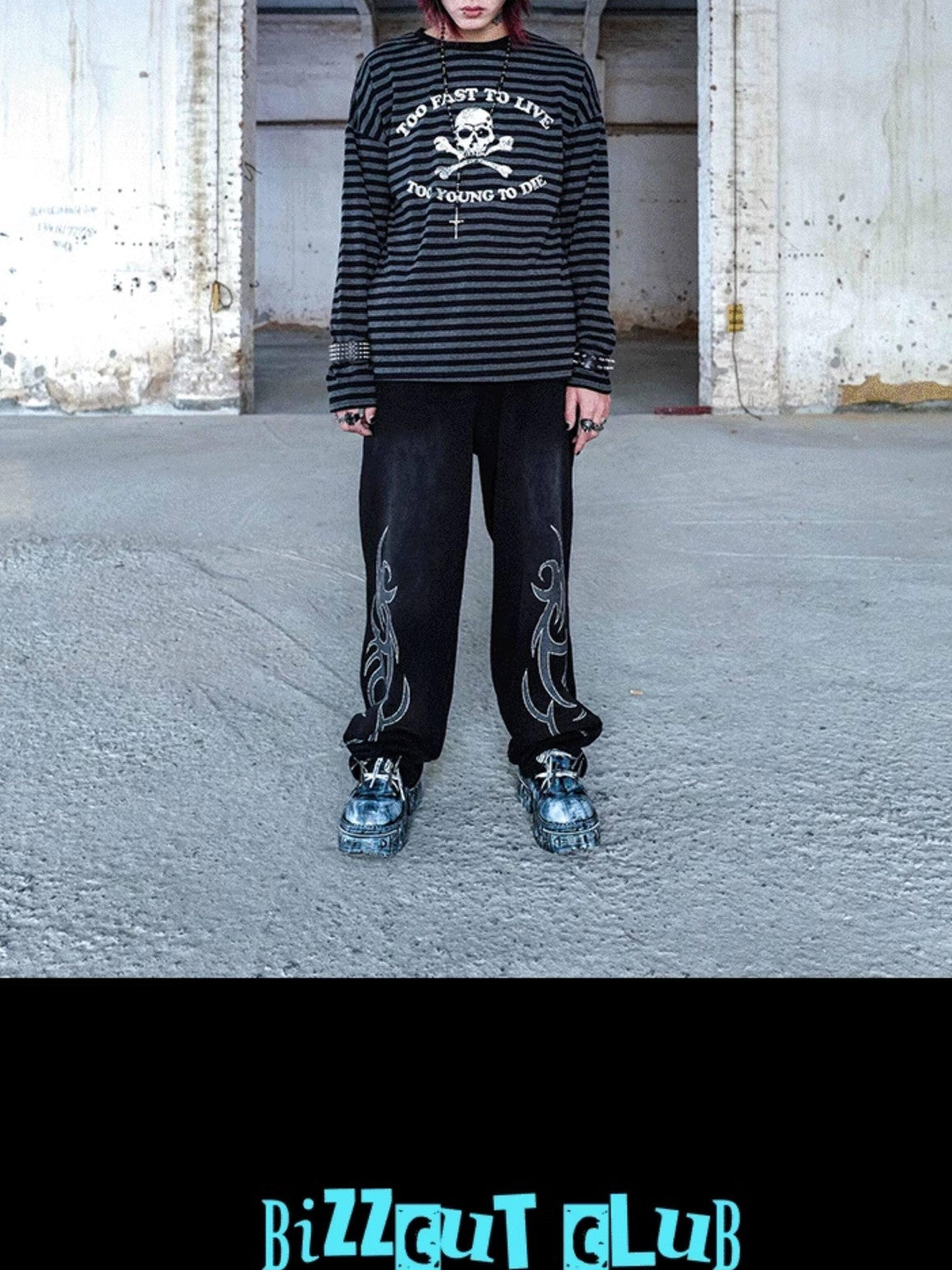 RebelSeed Striped Punk Skull Print Heat Transfer Women's Cotton Long Sleeve T-shirts