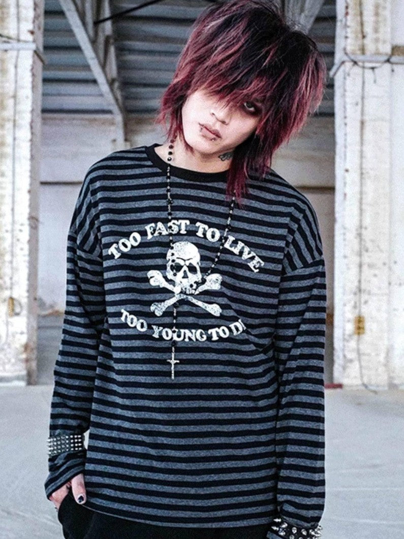 RebelSeed Striped Punk Skull Print Heat Transfer Women's Cotton Long Sleeve T-shirts