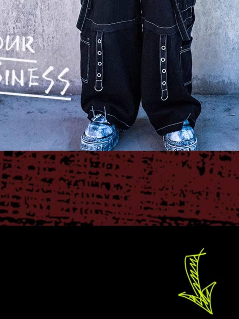 RebelSeed Urban Punk Visible Stitching Washed Women's Denim Wide-leg Jeans