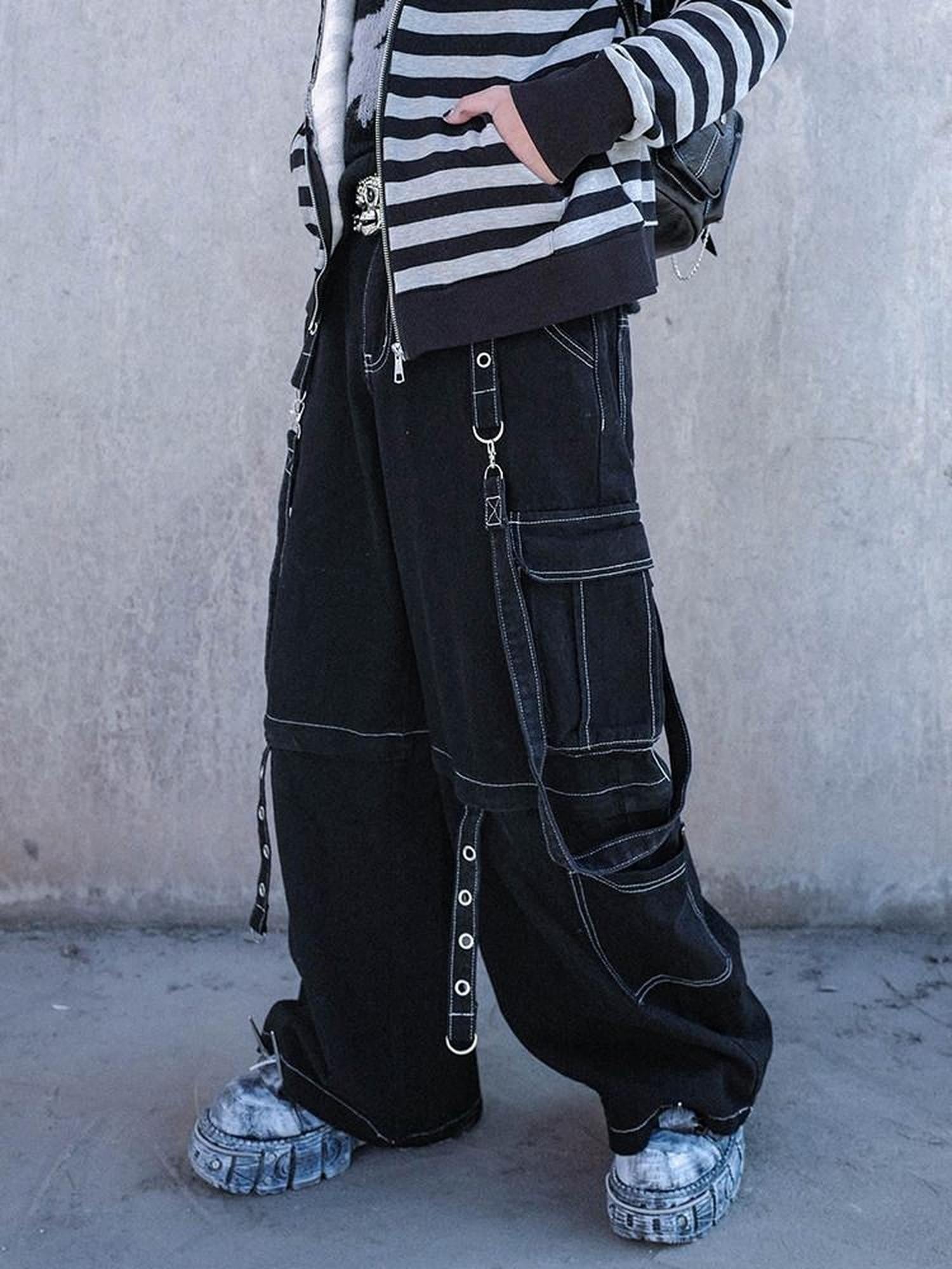 RebelSeed Urban Punk Visible Stitching Washed Women's Denim Wide-leg Jeans