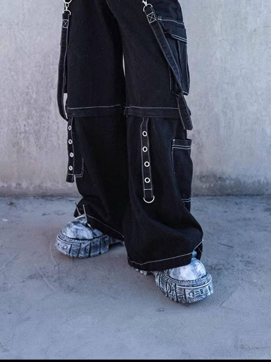 RebelSeed Urban Punk Visible Stitching Washed Women's Denim Wide-leg Jeans