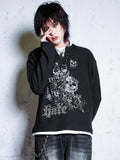 RebelSeed Waffle Knit Punk Print Navy Collar Women's Cotton Long Sleeve T-shirts