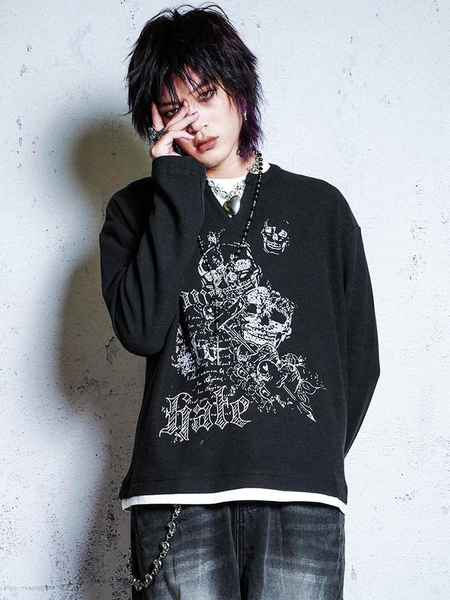 RebelSeed Waffle Knit Punk Print Navy Collar Women's Cotton Long Sleeve T-shirts